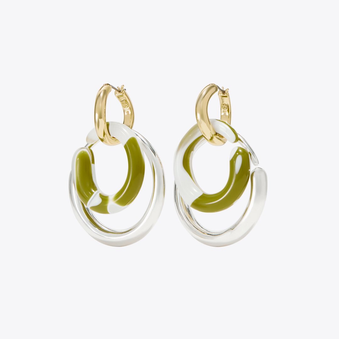Tory Burch Pierced Earrings Light Silver / Light Brass / Green Swirl