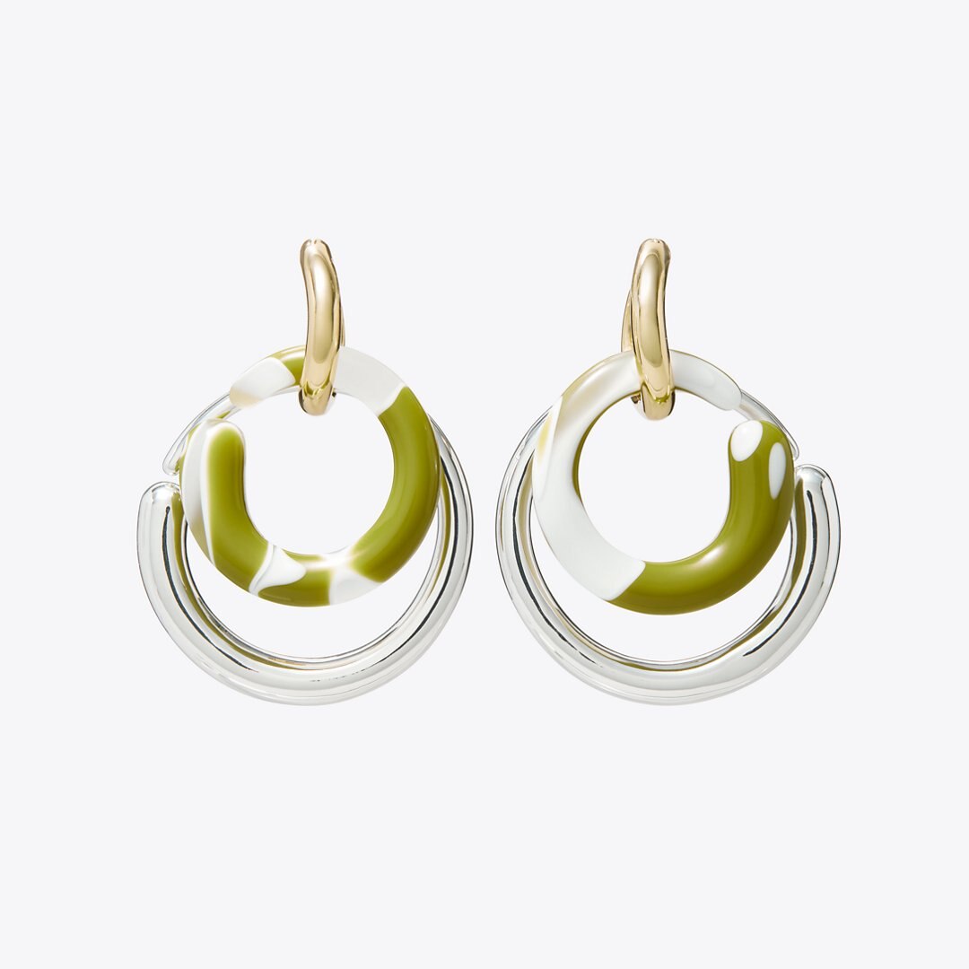 Tory Burch Pierced Earrings Light Silver / Light Brass / Green Swirl