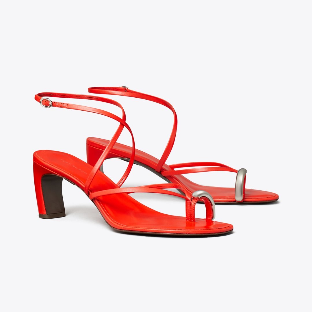 Tory Burch Pierced Multi-Strap Heeled Sandal BLAZING RED / SILVER