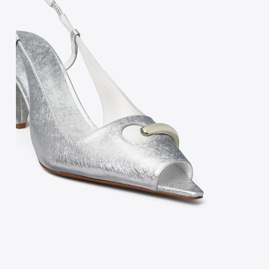 Tory Burch Pierced Peep-Toe Slingback BRIGHT SILVER / SILVER