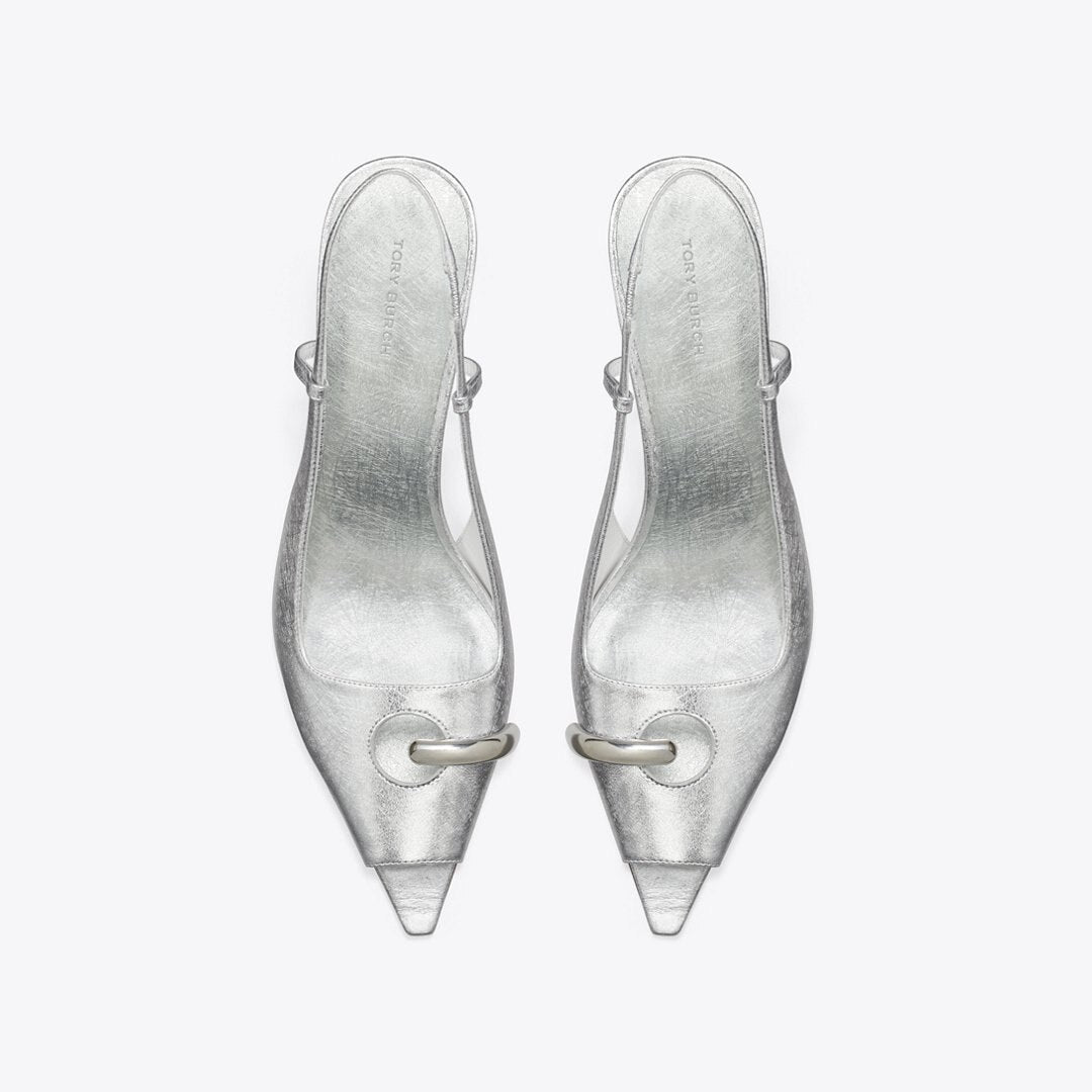Tory Burch Pierced Peep-Toe Slingback BRIGHT SILVER / SILVER