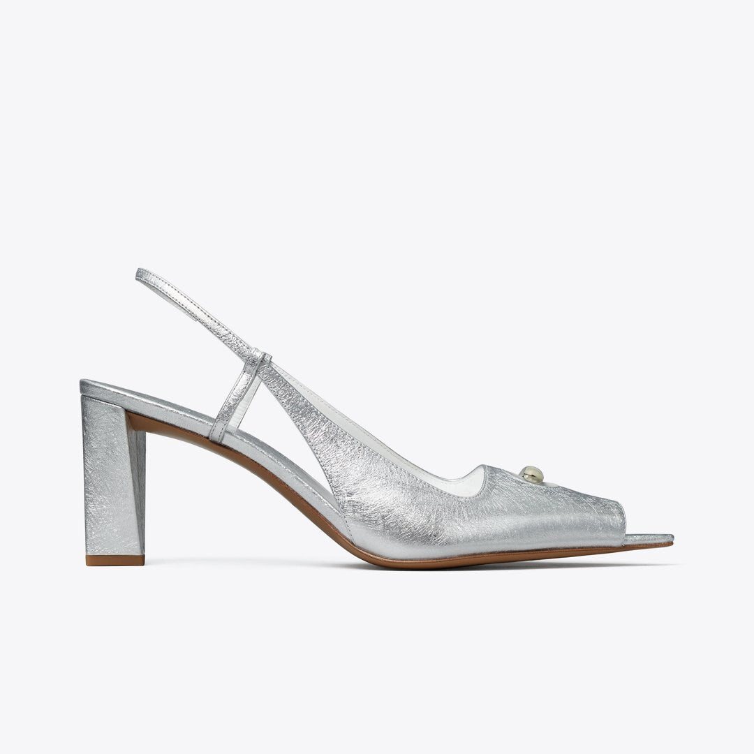 Tory Burch Pierced Peep-Toe Slingback BRIGHT SILVER / SILVER