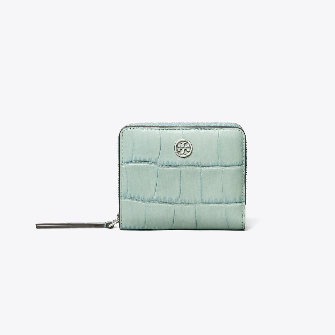 Tory Burch Robinson Croc-Embossed Bi-Fold Wallet Blue Celadon