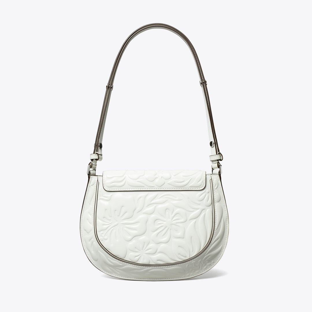 Tory Burch Robinson Floral Embossed Saddlebag Blanc
