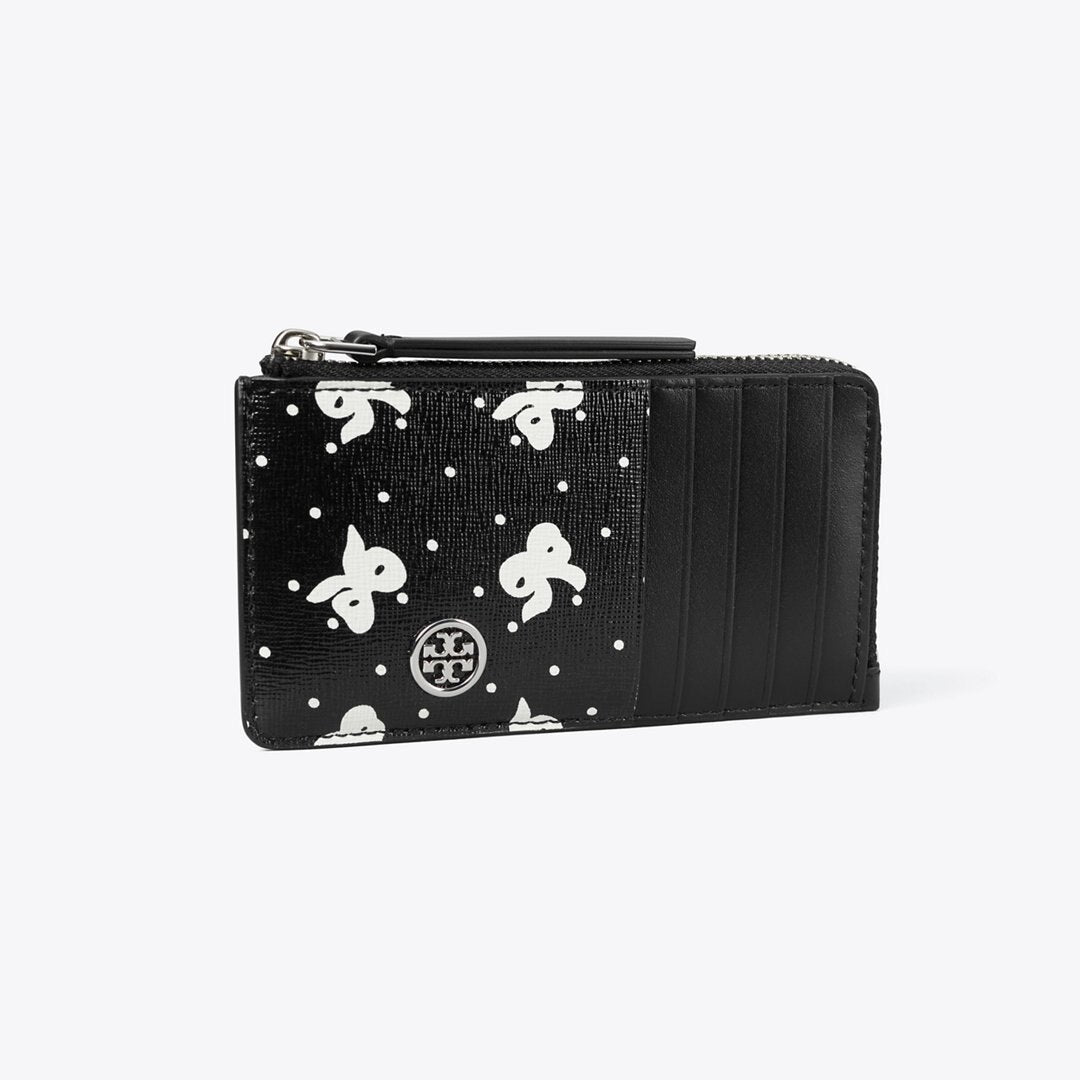 Tory Burch Robinson Printed Top-Zip Card Case Black Tossed Bow