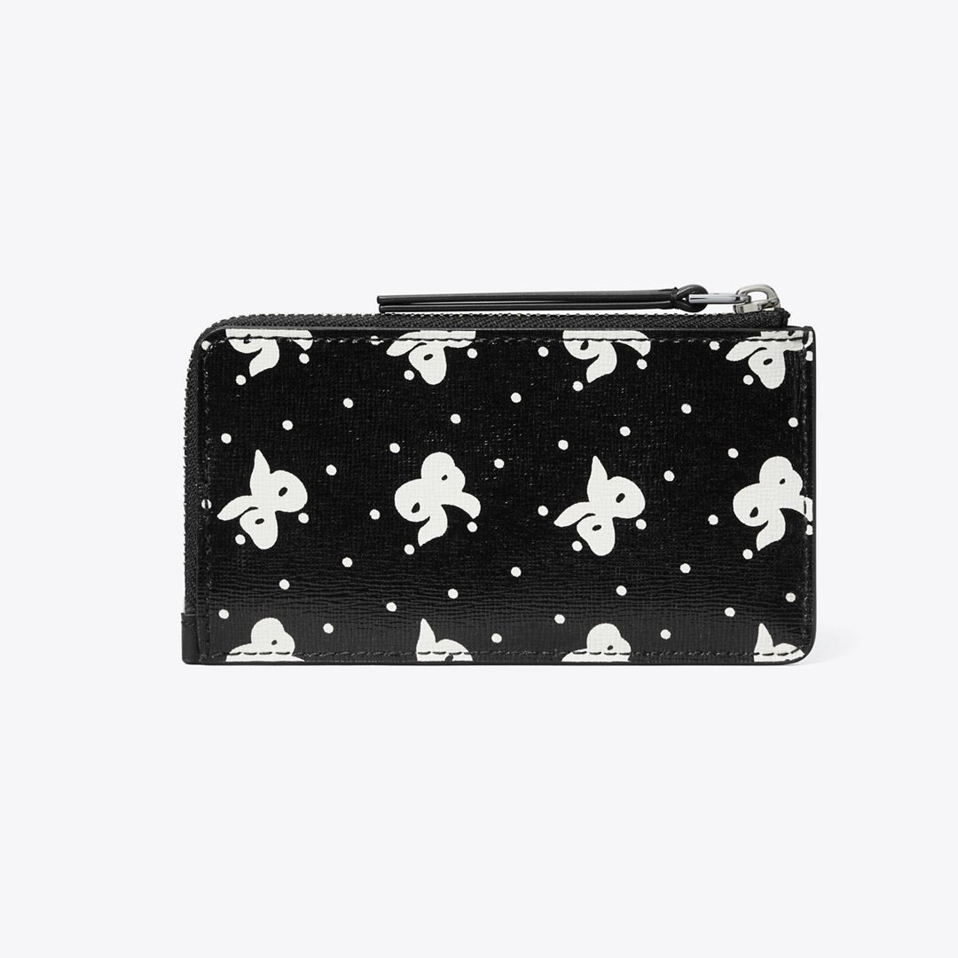 Tory Burch Robinson Printed Top-Zip Card Case Black Tossed Bow
