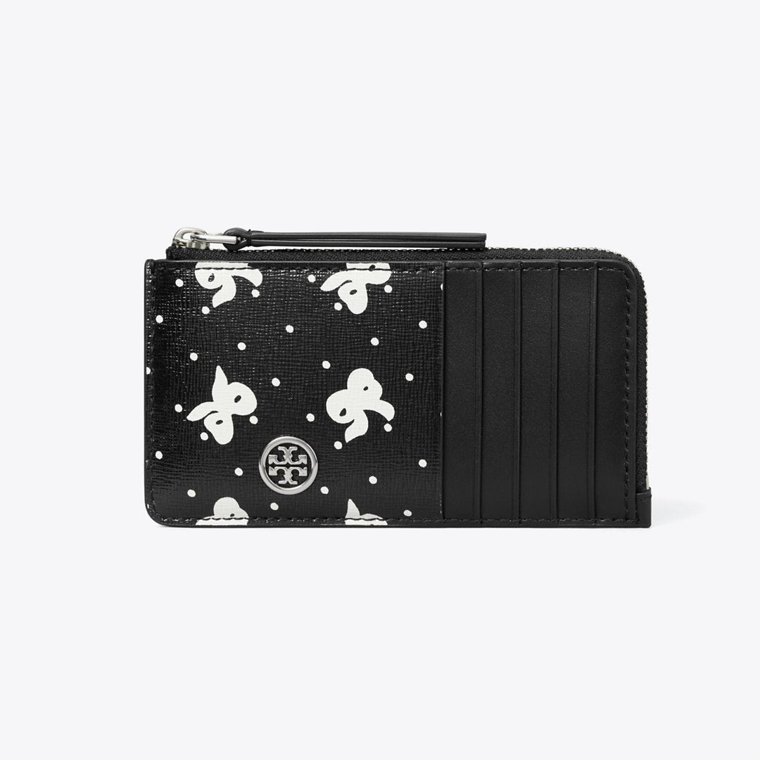 Tory Burch Robinson Printed Top-Zip Card Case Black Tossed Bow