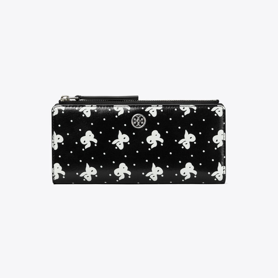 Tory Burch Robinson Printed Zip Slim Wallet Black Tossed Bow