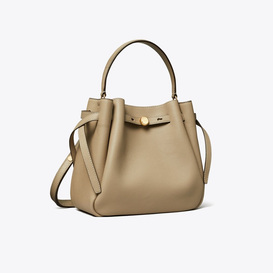 Tory Burch Romy Bucket Bag in Soft Cement pebbled leather with button logo hardware