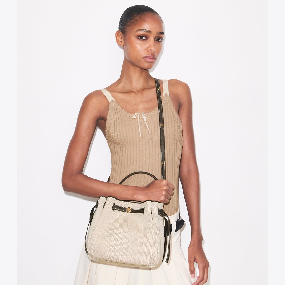 Tory Burch Romy Canvas Bucket Bag Dusty Almond/ Bianco White