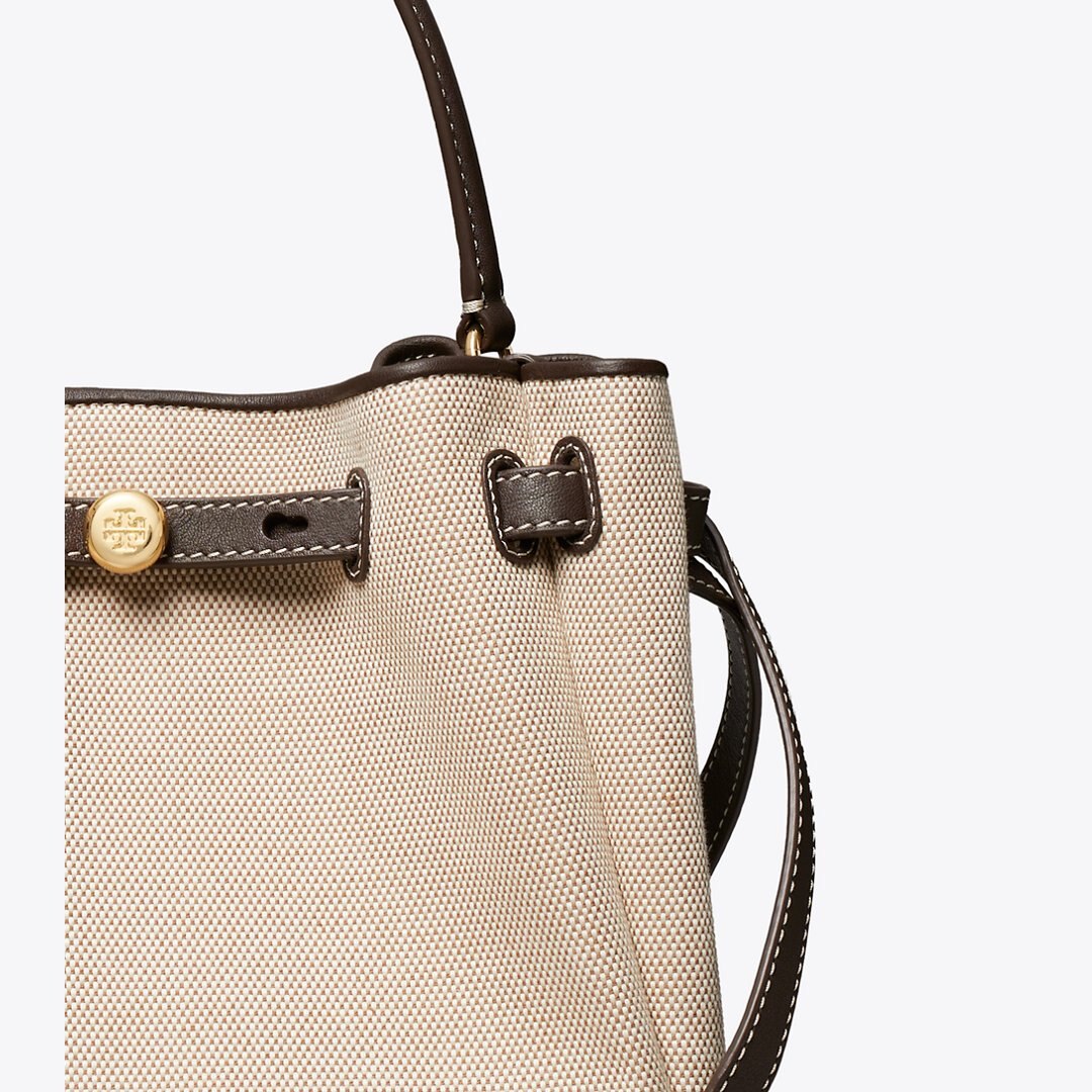 Tory Burch Romy Canvas Bucket Bag Dusty Almond/ Bianco White
