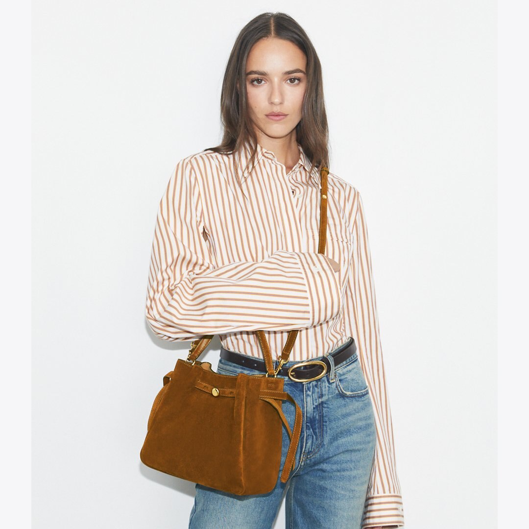 Tory Burch Romy Suede Bucket Bag Cognac