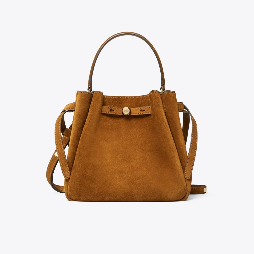 Tory Burch Romy Suede Bucket Bag Cognac