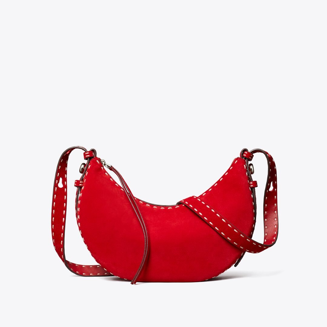 Tory Burch Romy Suede Half Moon Bag Toucan Red