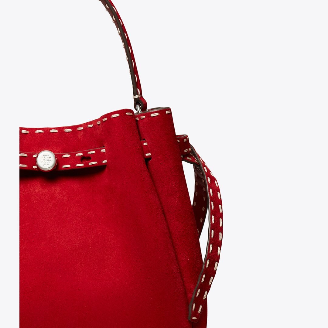Tory Burch Romy Suede Pick Stitch Bucket Bag Toucan Red