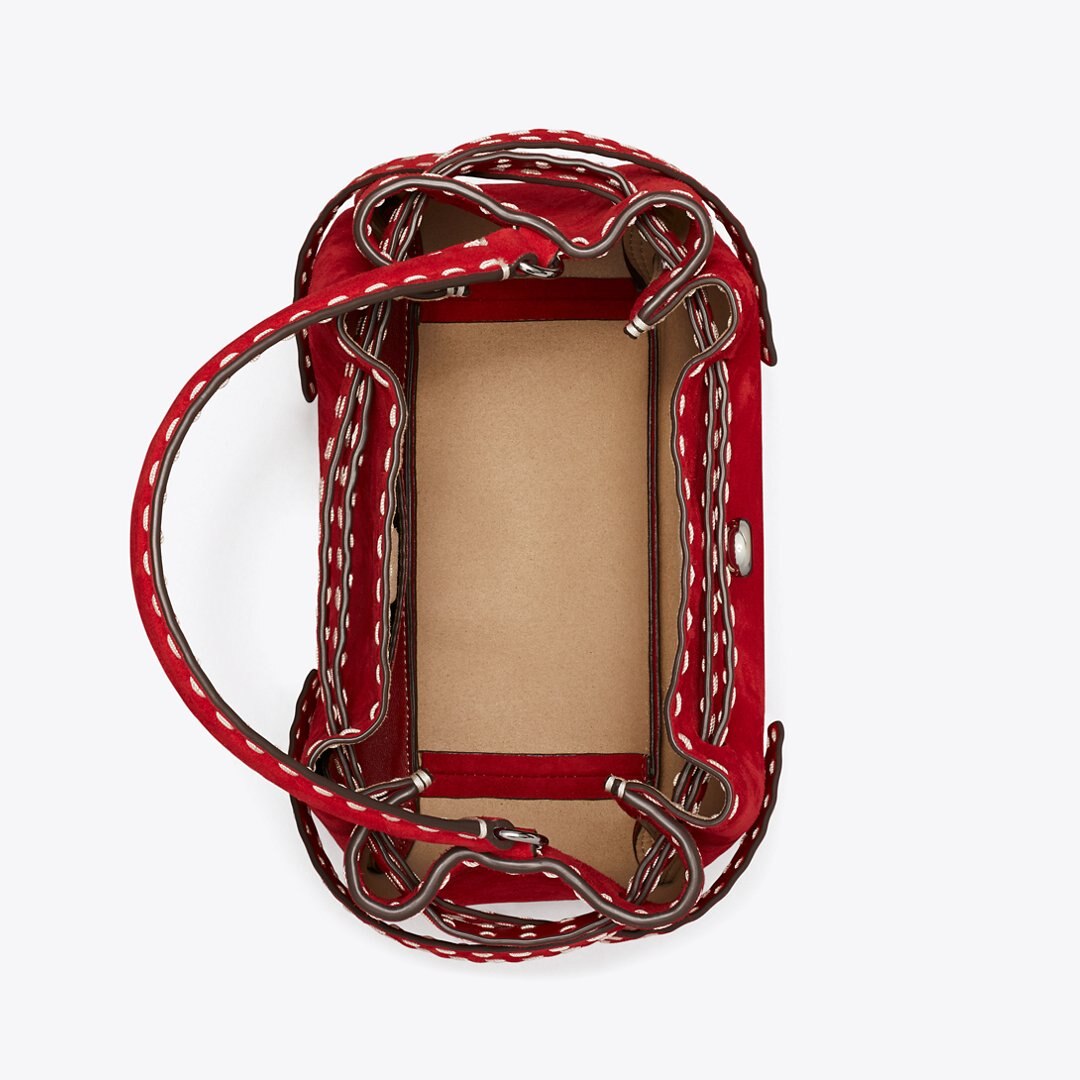 Tory Burch Romy Suede Pick Stitch Bucket Bag Toucan Red