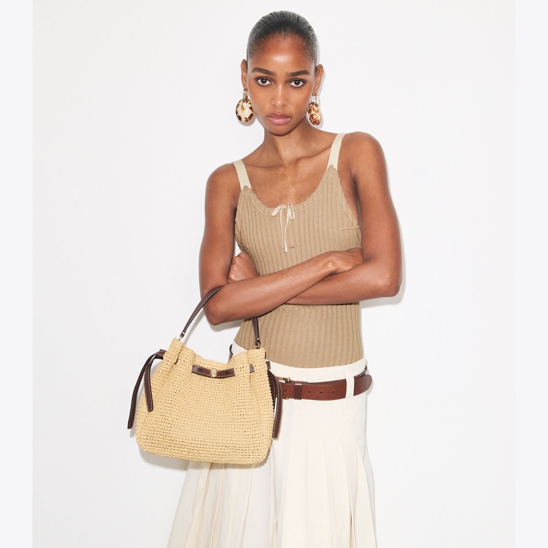 Tory Burch Romy Woven Bucket Bag Natural