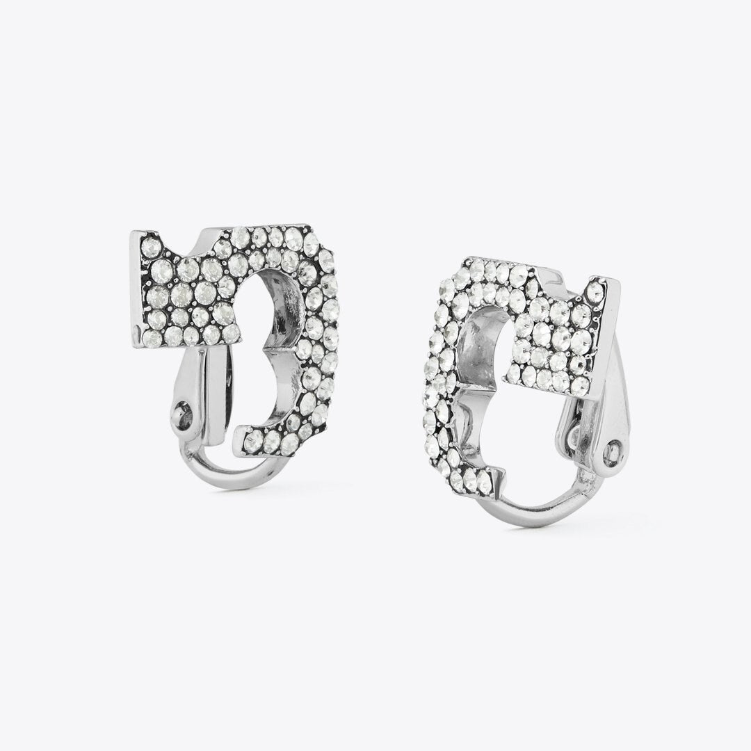 Tory Burch Runway Pav Serif T Clip-On Earrings Tory Silver / Crystal