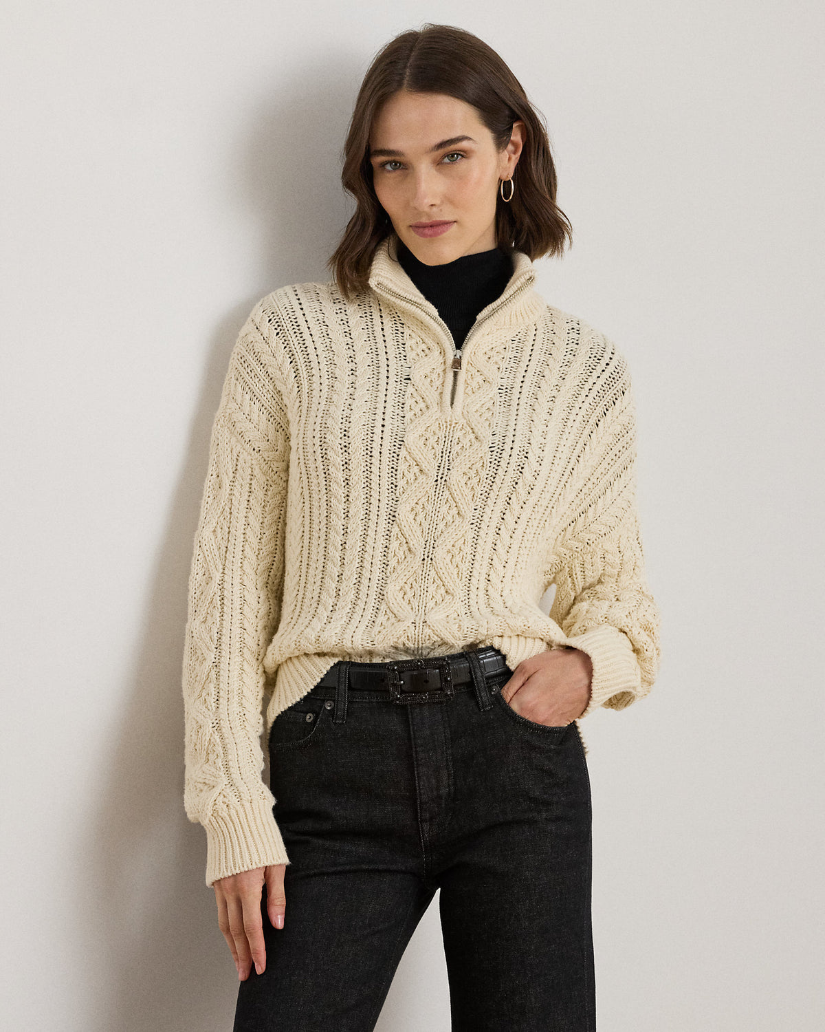 Ralph Lauren AranKnit Cotton QuarterZip Pullover