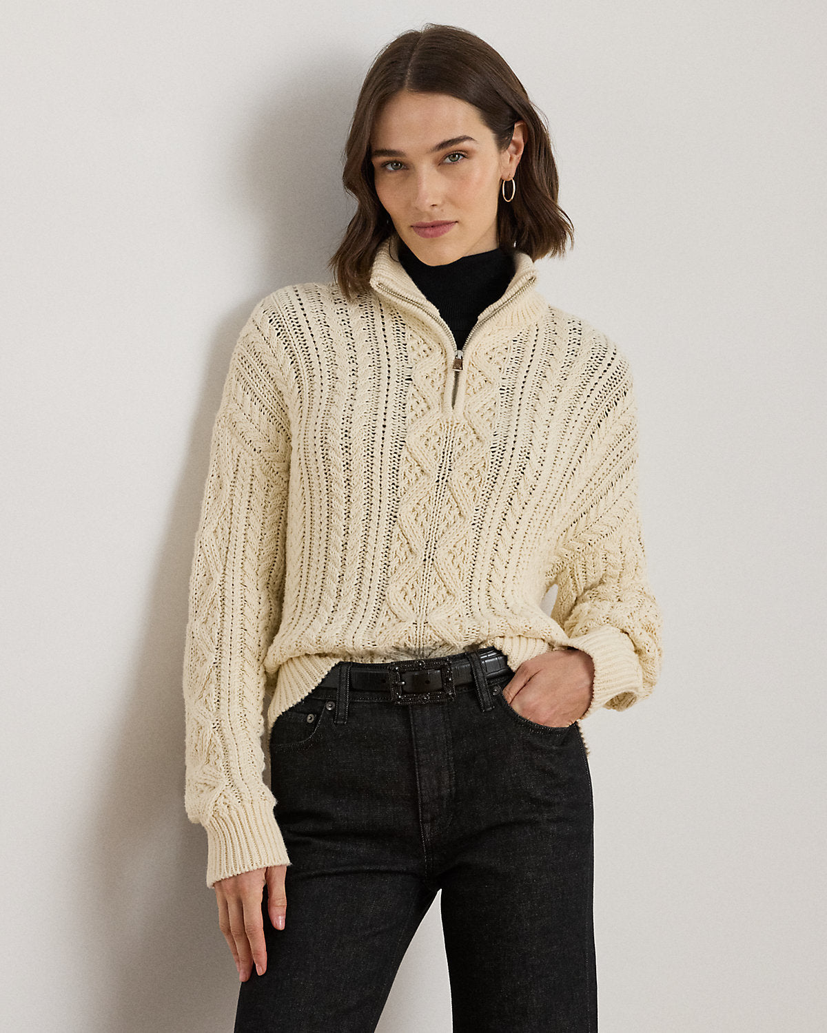 Ralph Lauren AranKnit Cotton QuarterZip Pullover