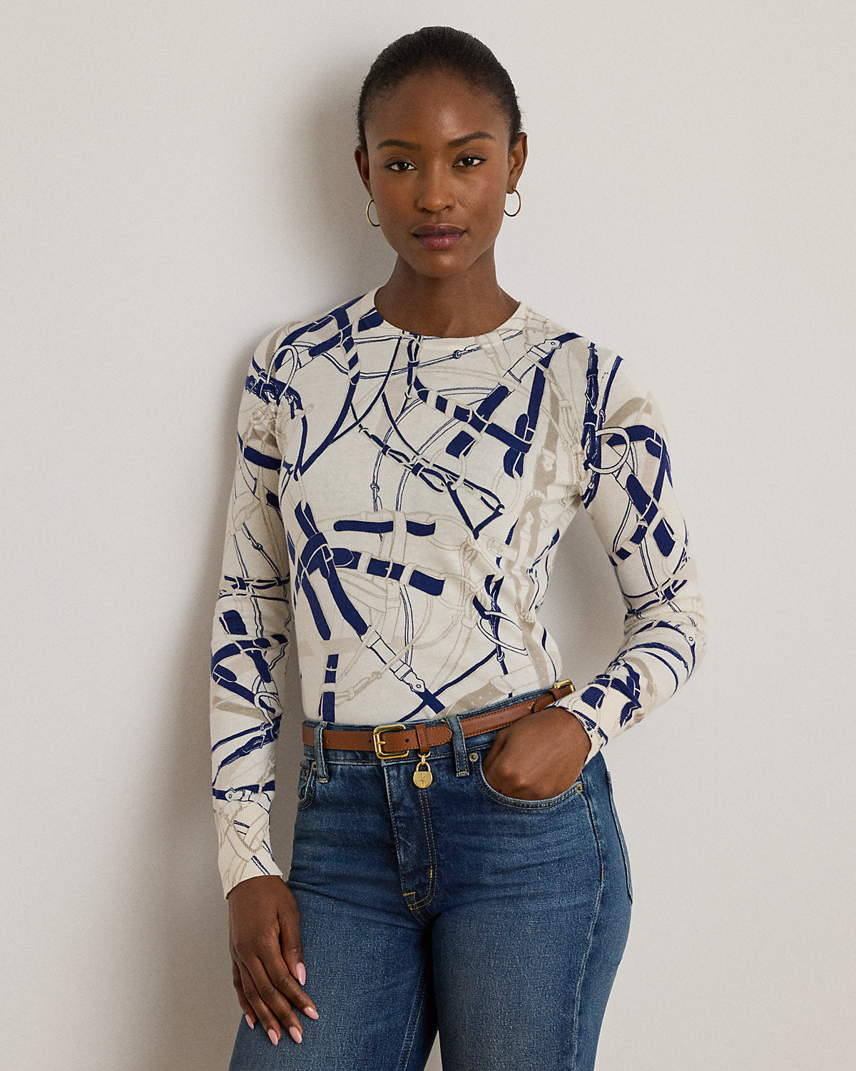 Ralph Lauren BeltingPrint CottonBlend Sweater
