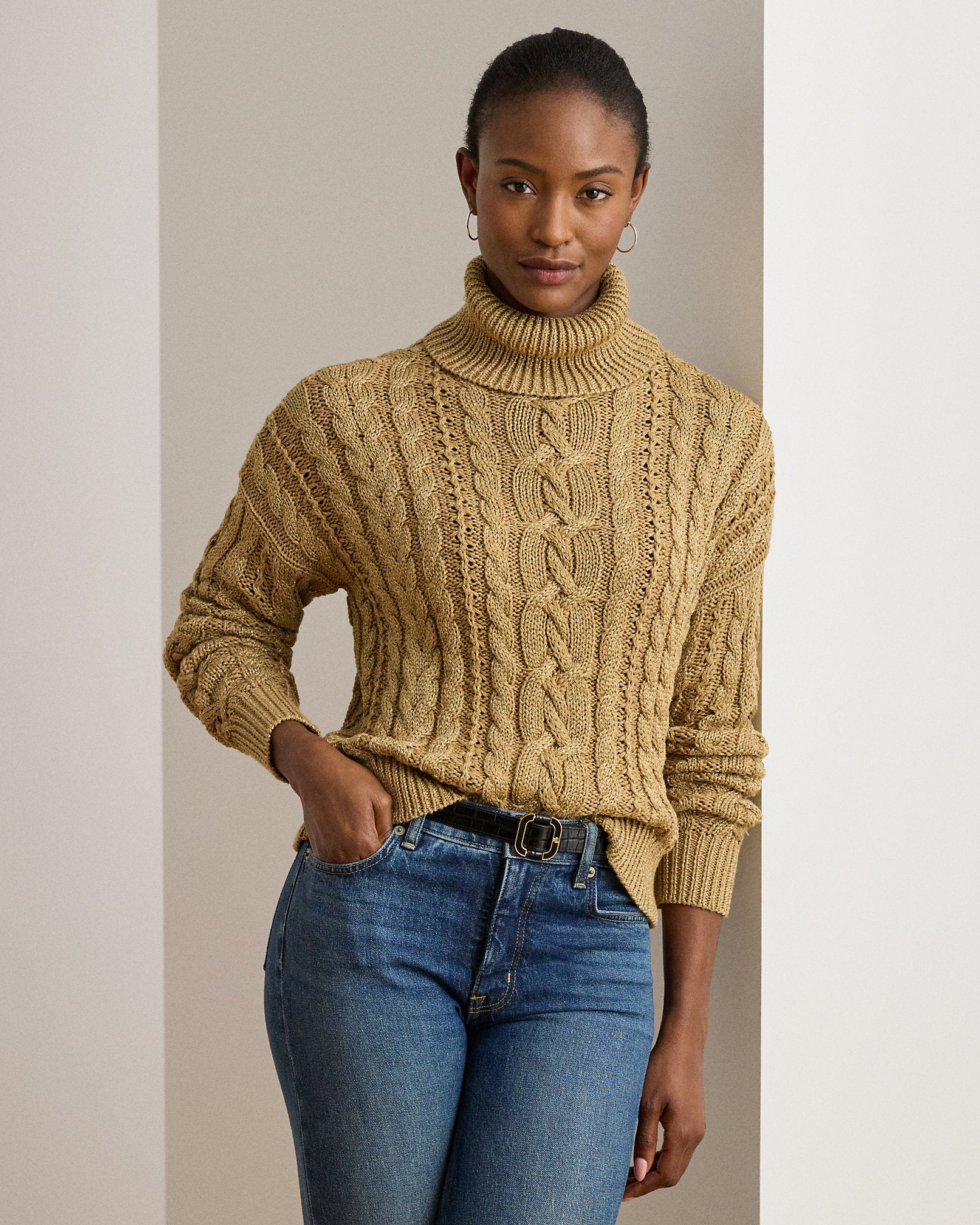 Ralph Lauren Metallic CableKnit Turtleneck Sweater