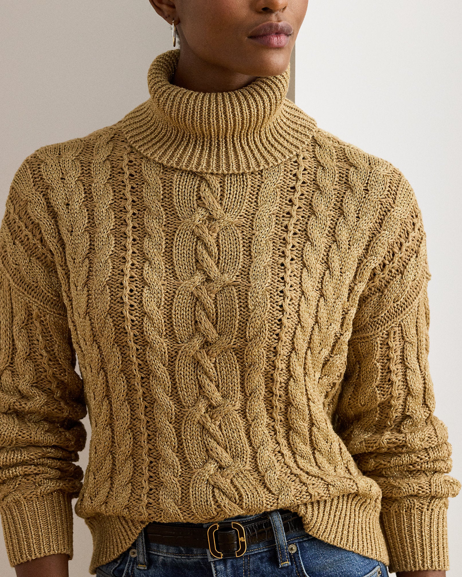 Ralph Lauren Metallic CableKnit Turtleneck Sweater
