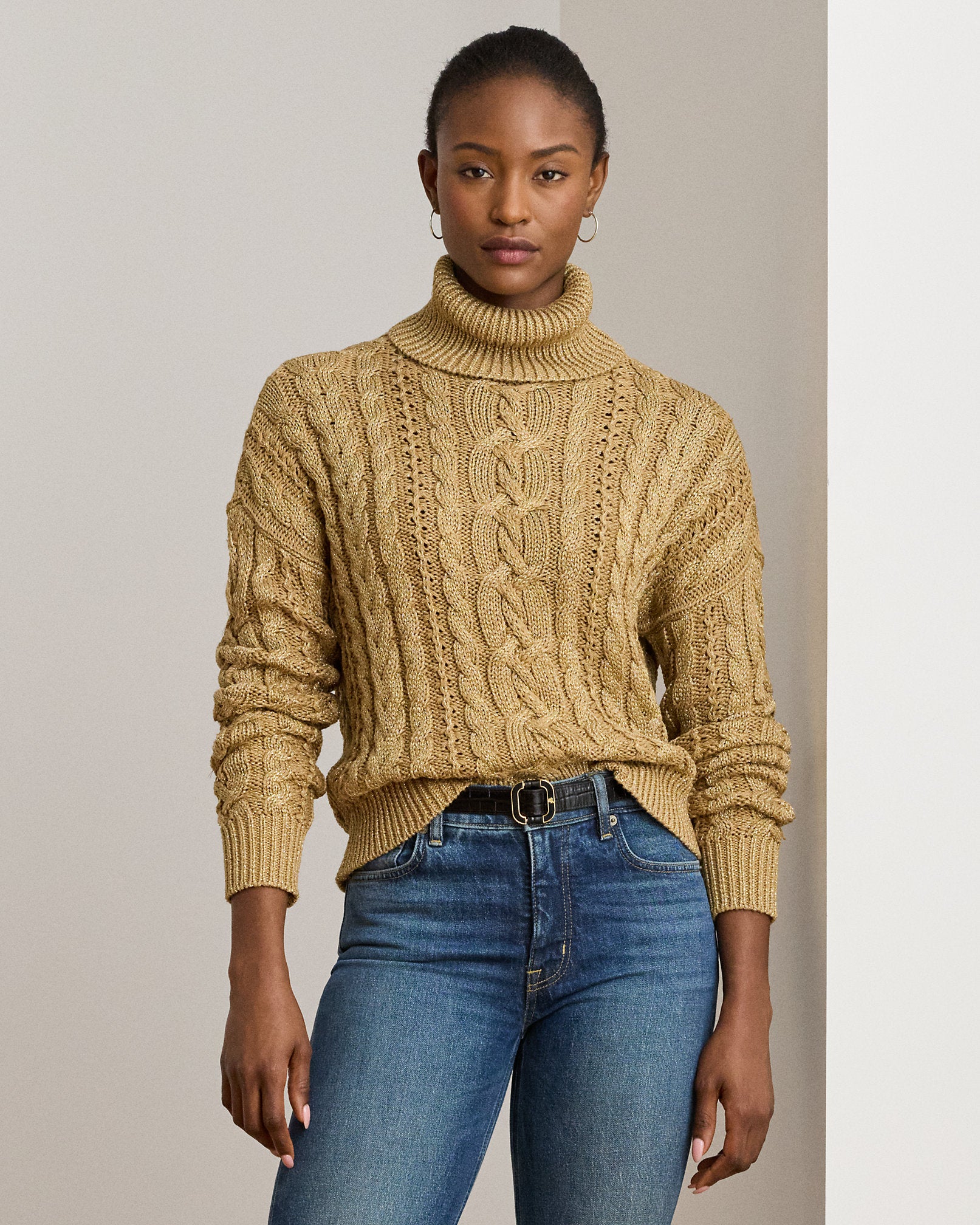 Ralph Lauren Metallic CableKnit Turtleneck Sweater