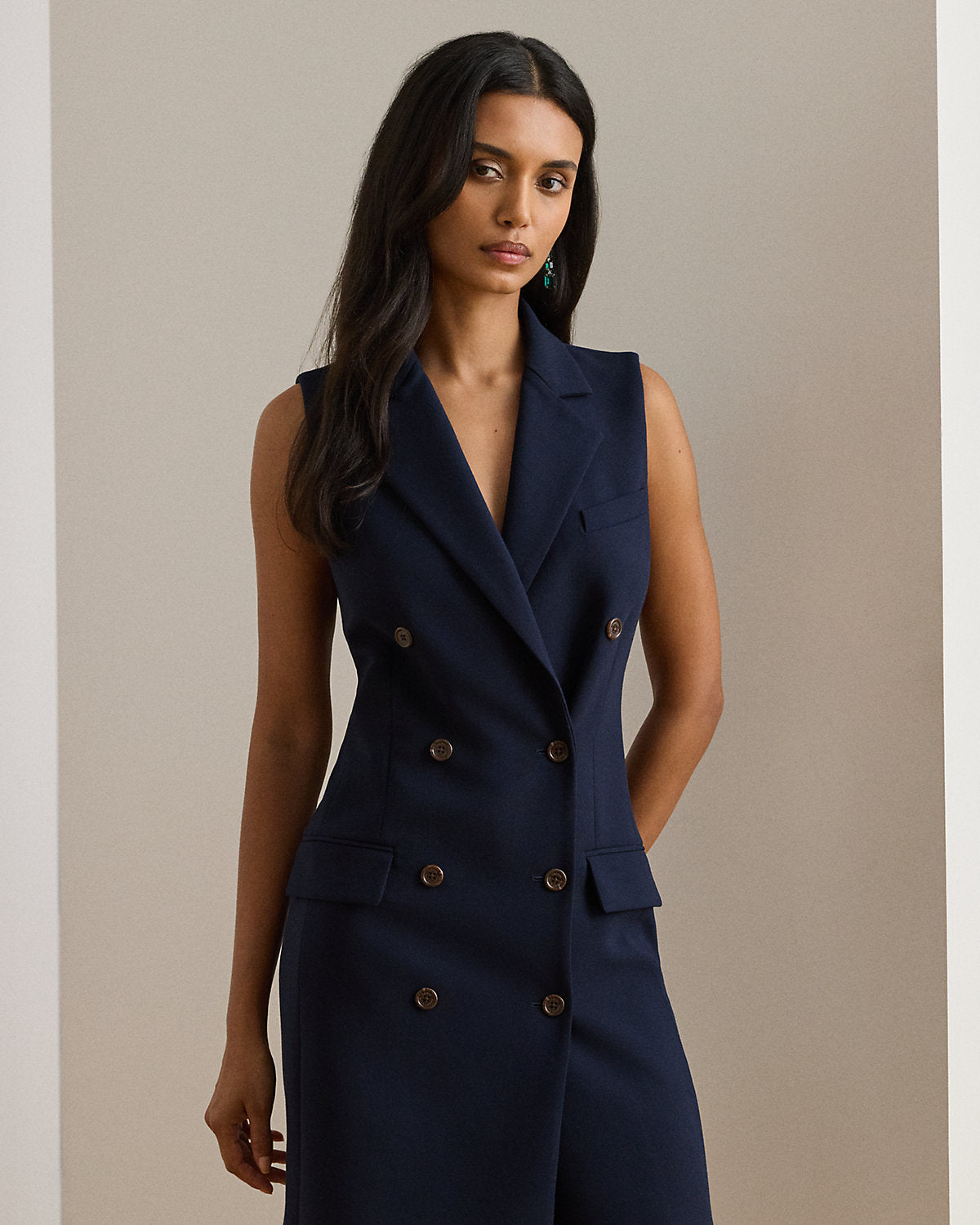 Ralph Lauren DoubleBreasted Crepe Sleeveless Dress