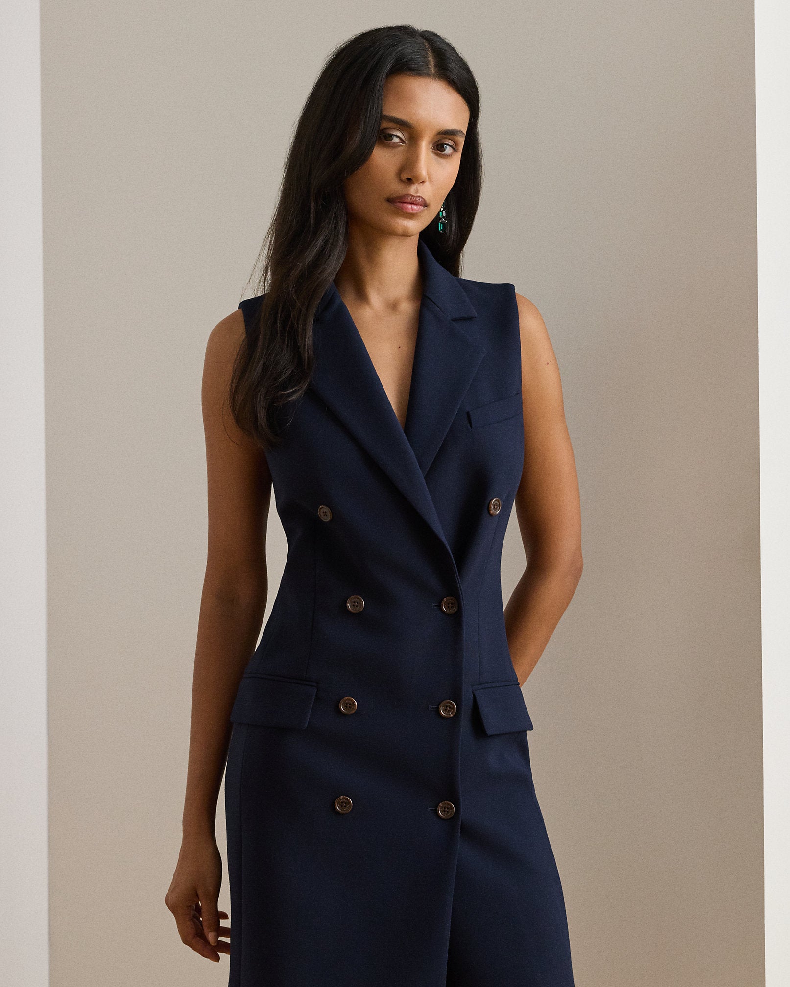 Ralph Lauren DoubleBreasted Crepe Sleeveless Dress