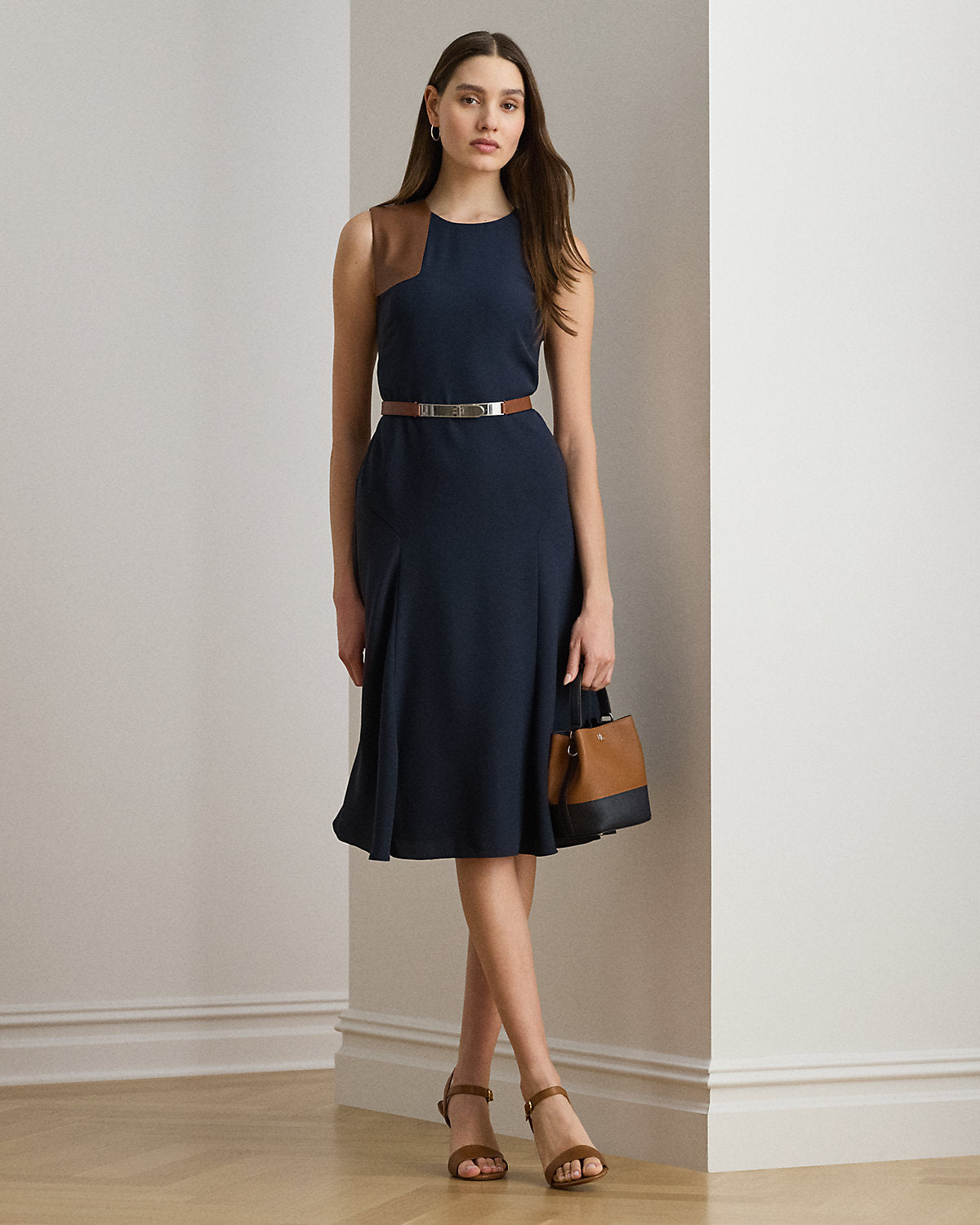 Ralph Lauren FauxLeatherTrim Georgette Dress