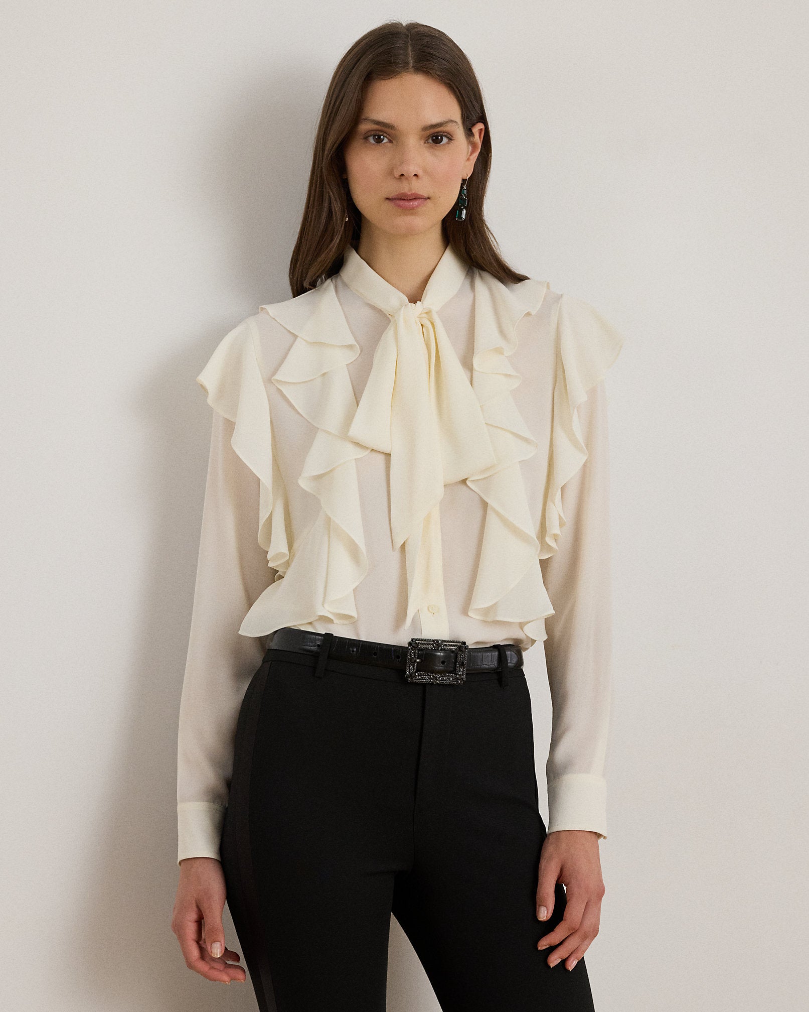 Ralph Lauren RuffleTrim Georgette TieNeck Blouse