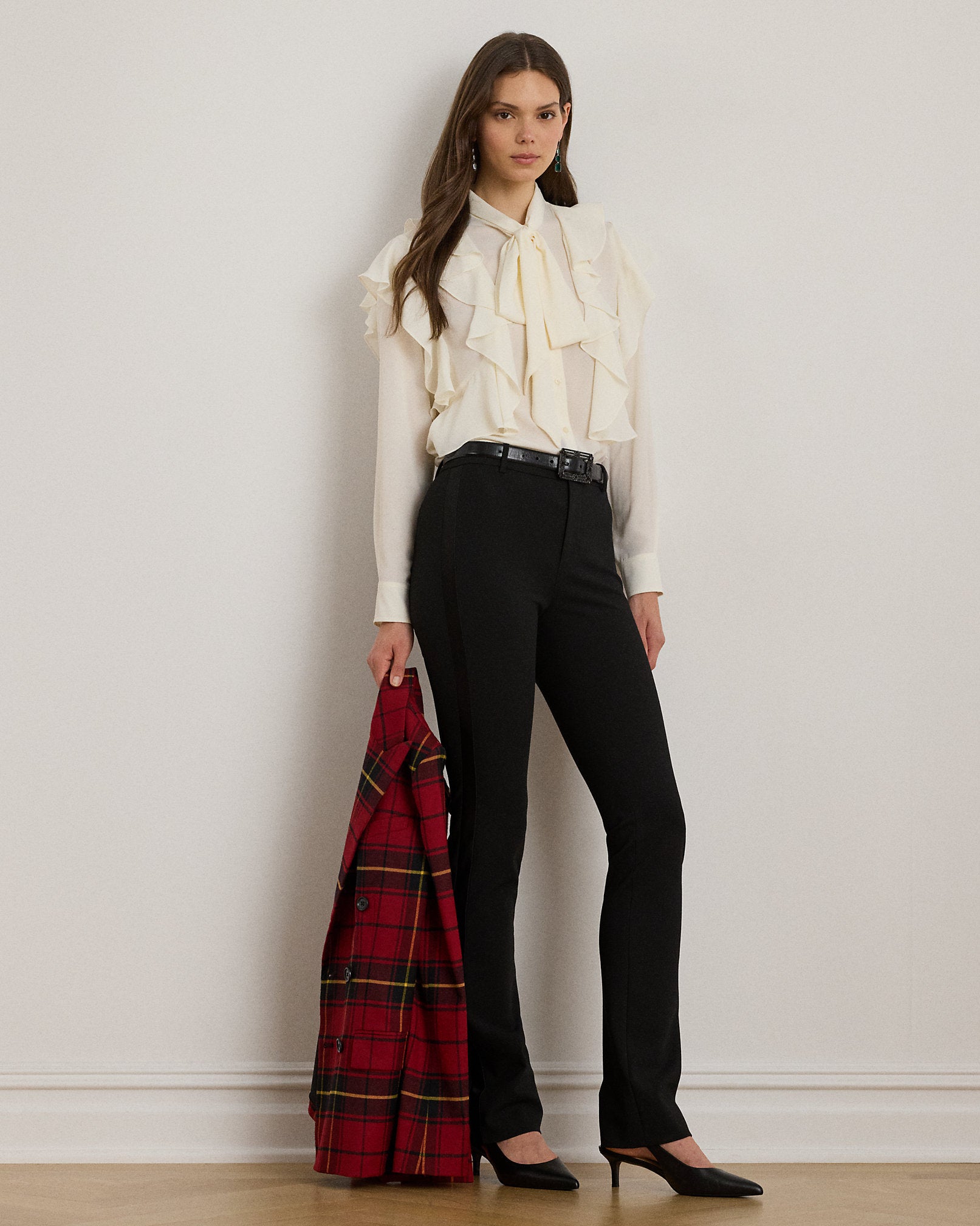 Ralph Lauren RuffleTrim Georgette TieNeck Blouse