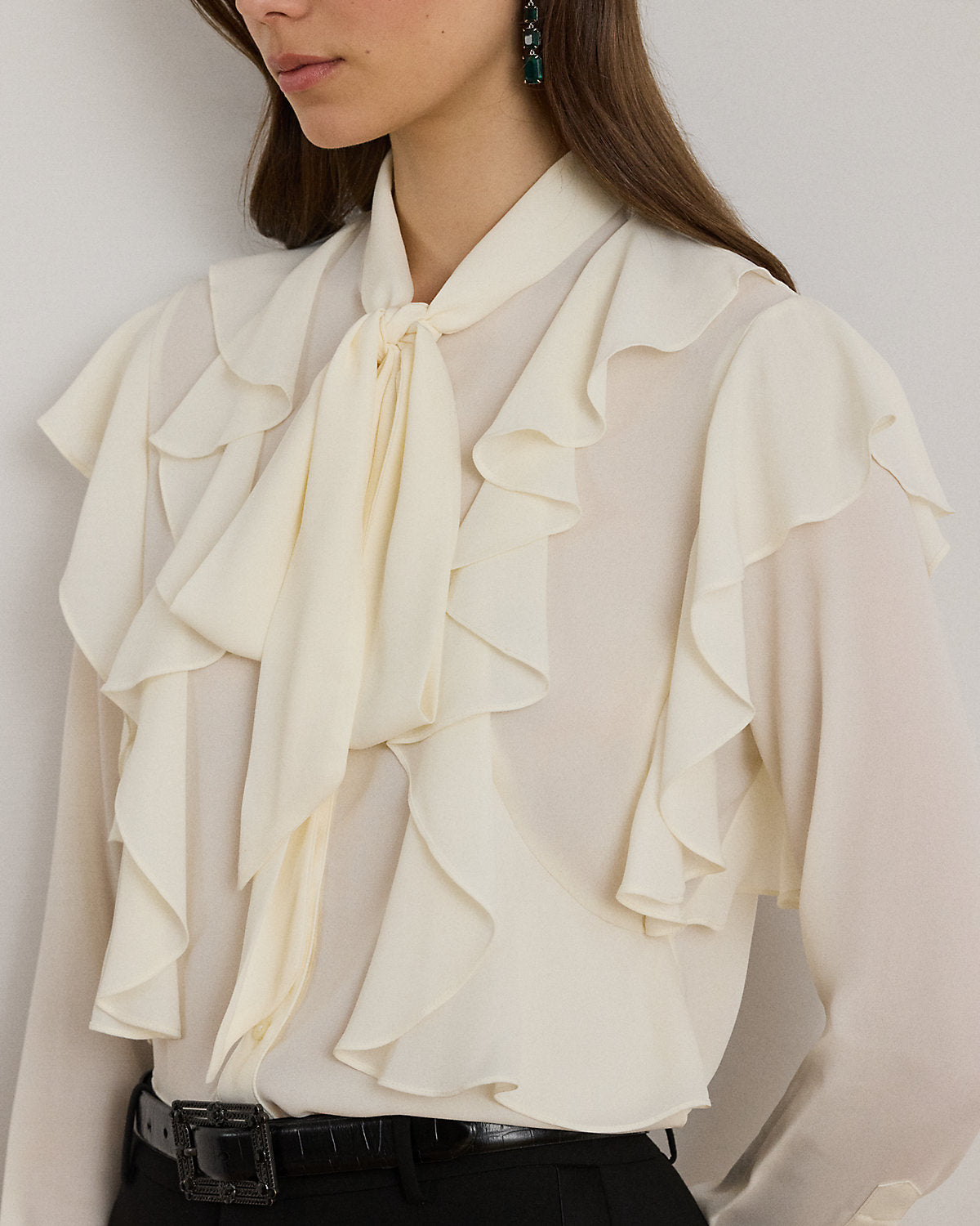 Ralph Lauren RuffleTrim Georgette TieNeck Blouse
