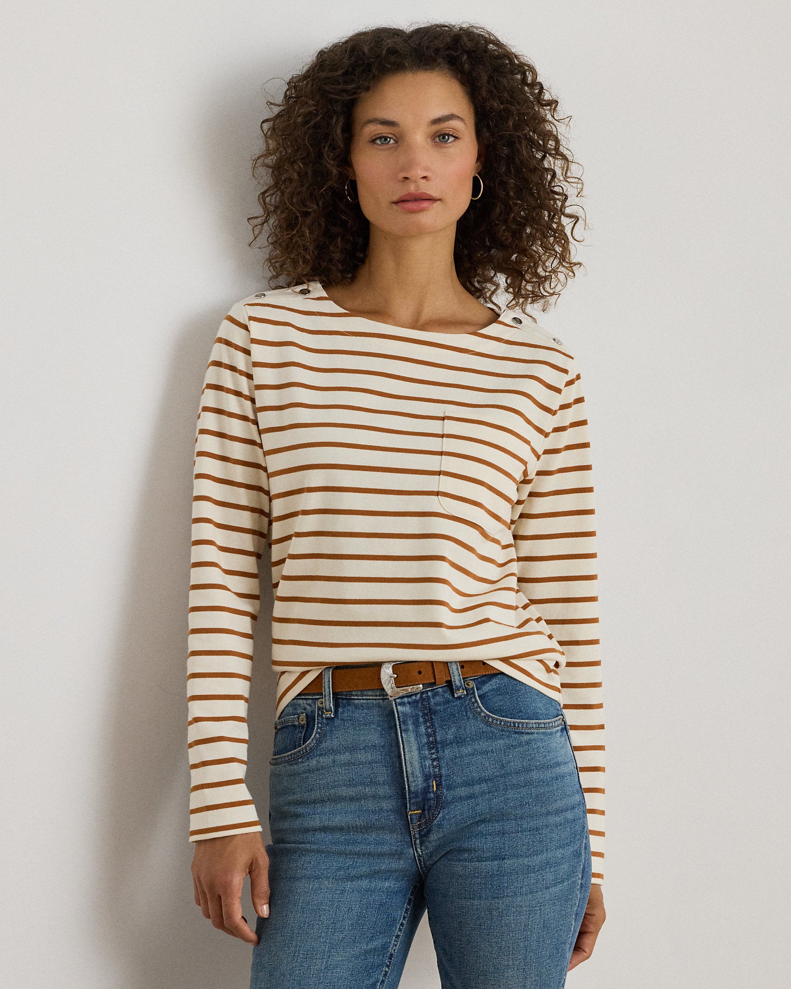 Ralph Lauren Striped Jersey SnapTrim Boatneck Top