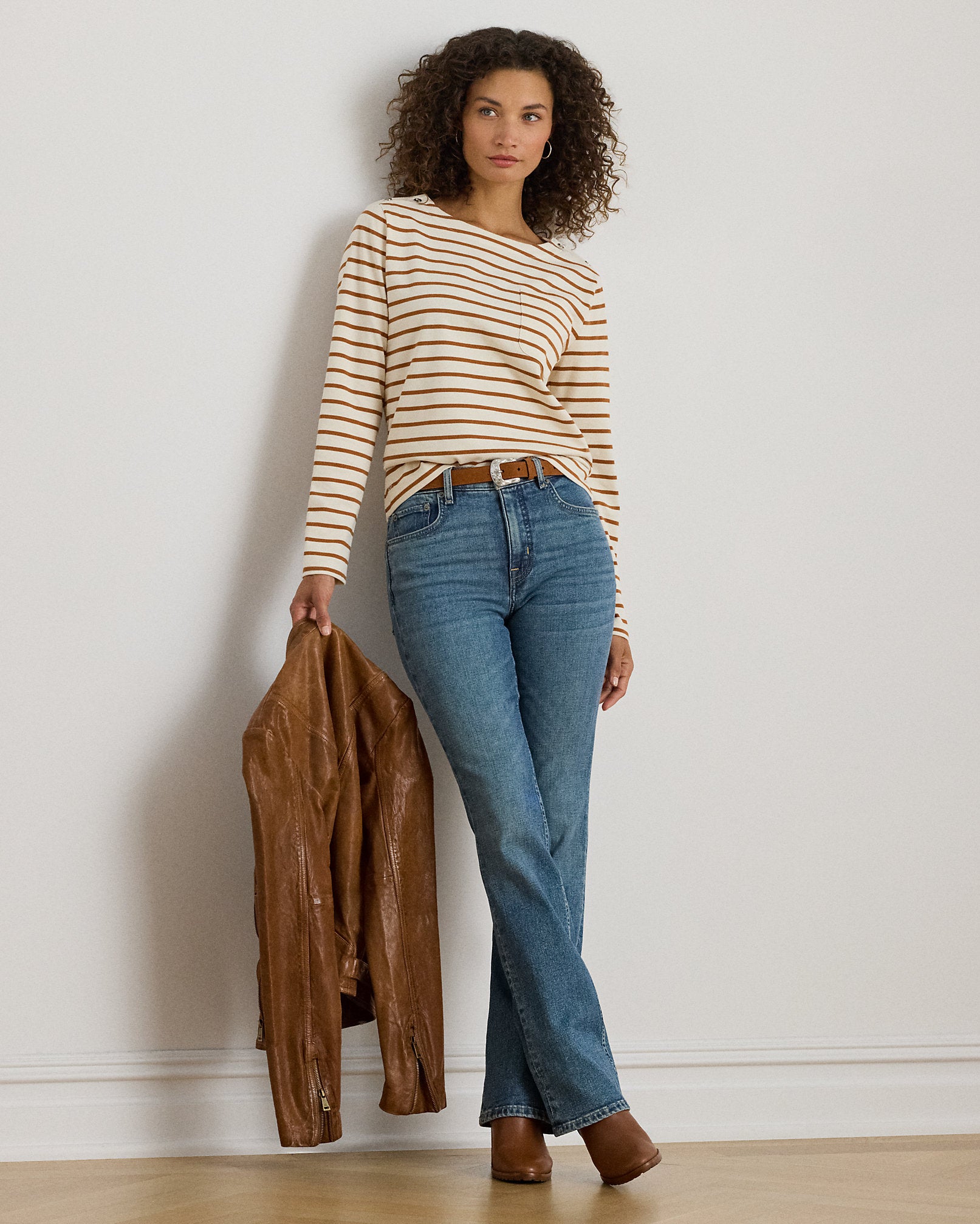 Ralph Lauren Striped Jersey SnapTrim Boatneck Top