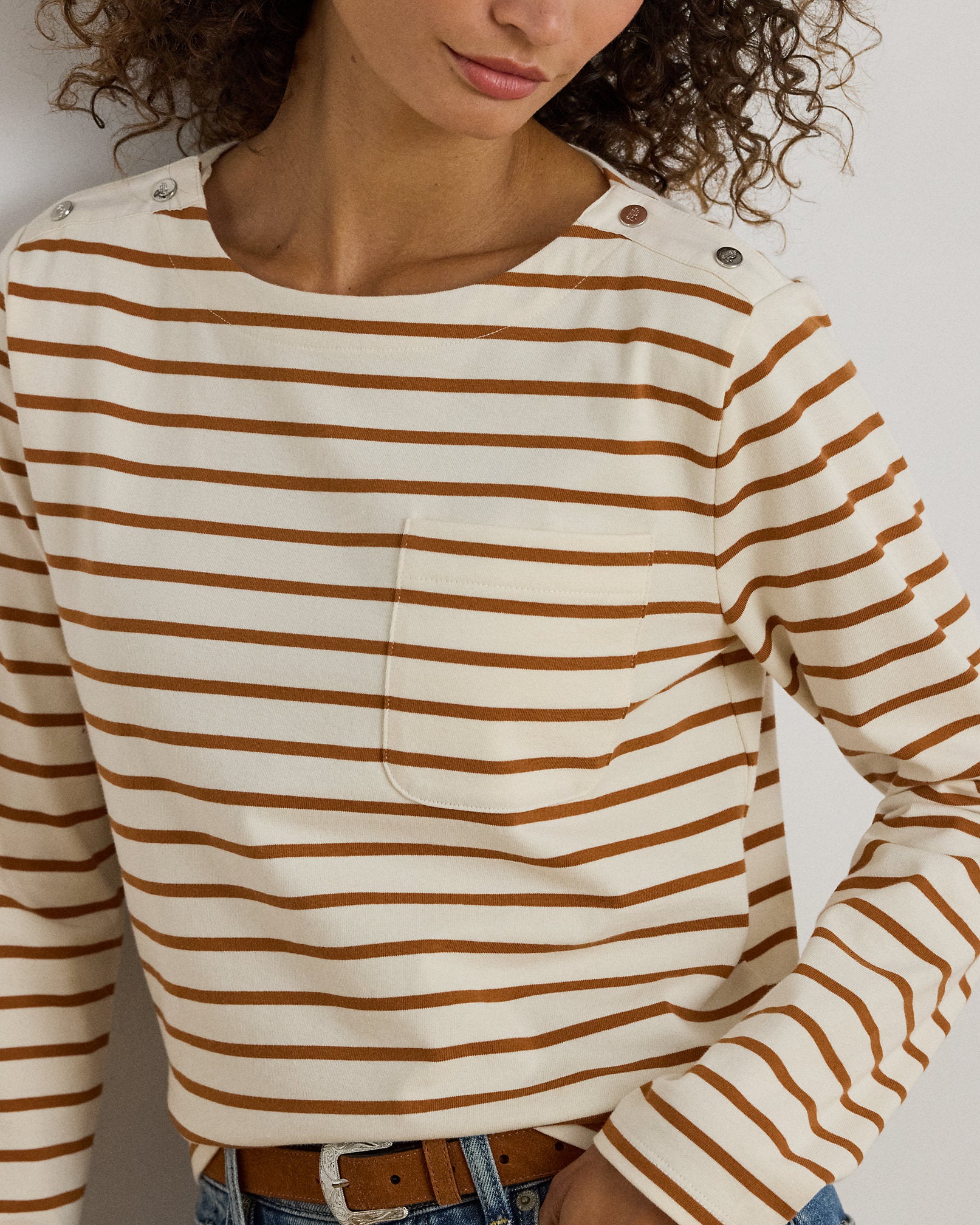 Ralph Lauren Striped Jersey SnapTrim Boatneck Top