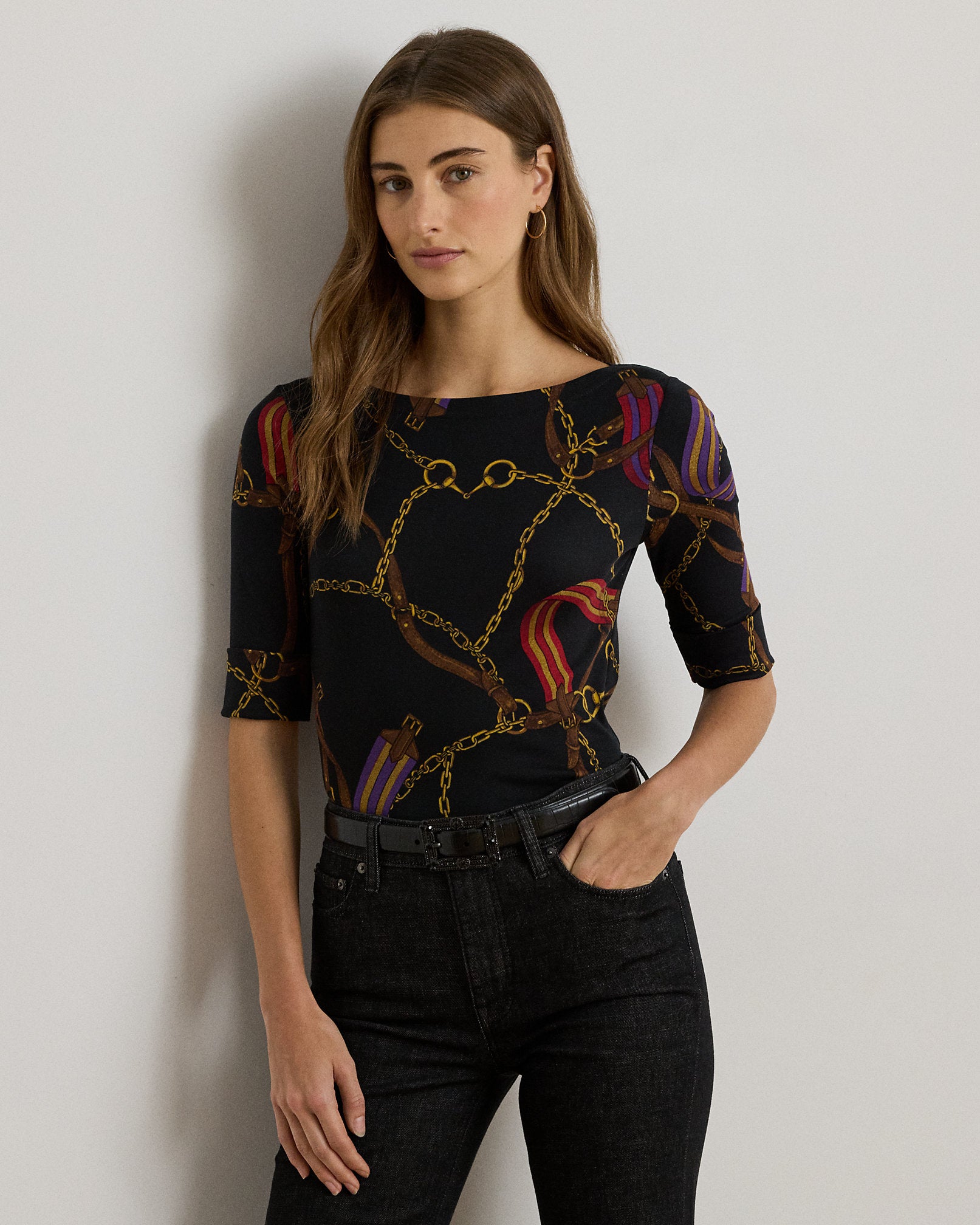 Ralph Lauren Print Stretch Cotton Boatneck Tee