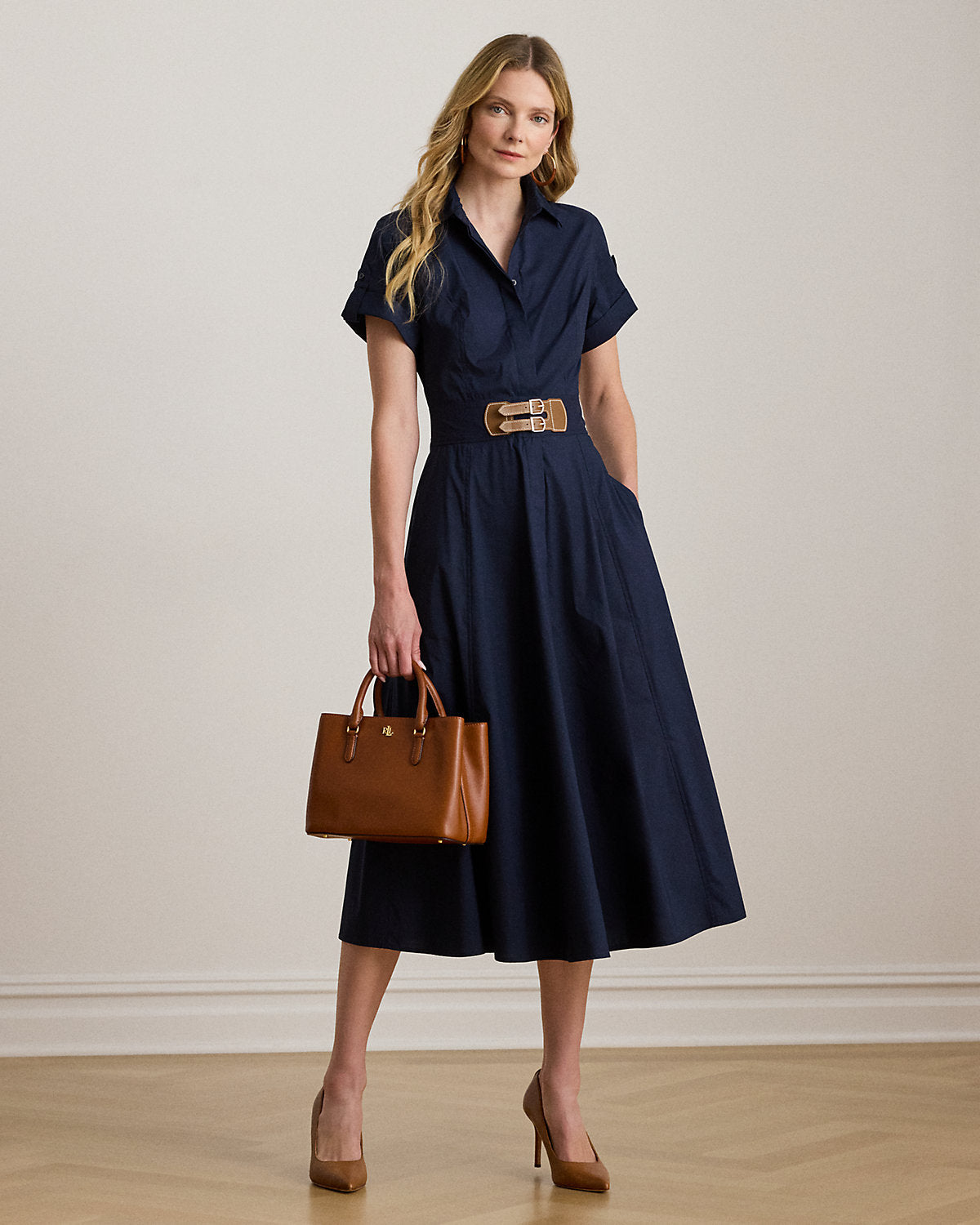 Ralph Lauren BuckleTrim StretchCotton Blend Dress