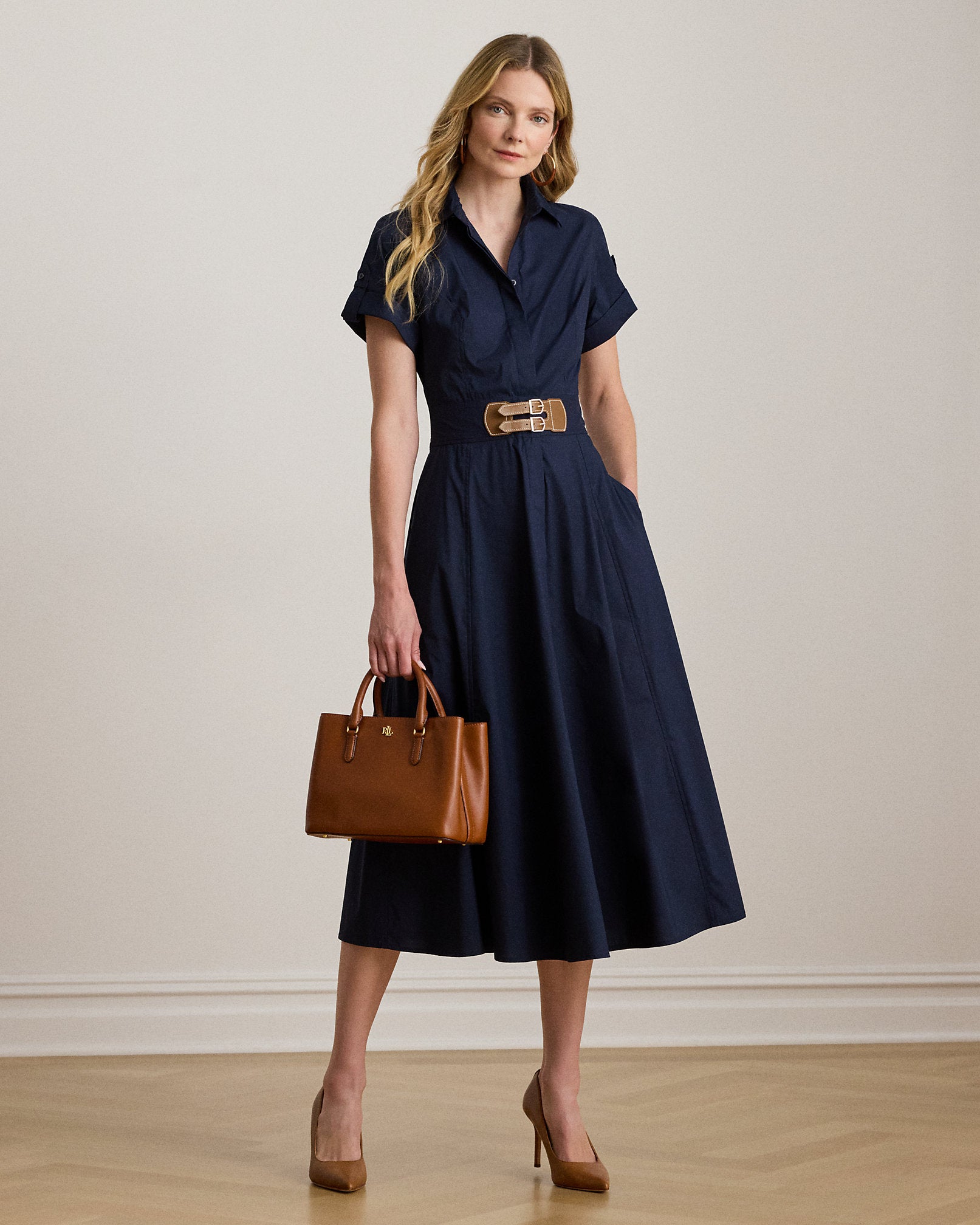 Ralph Lauren BuckleTrim StretchCotton Blend Dress