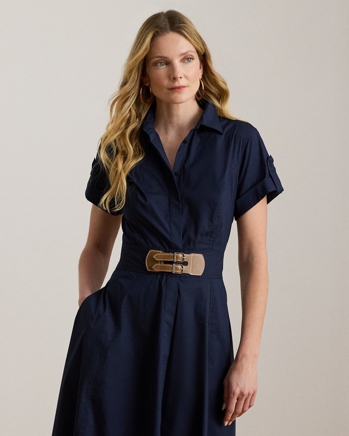 Ralph Lauren BuckleTrim StretchCotton Blend Dress