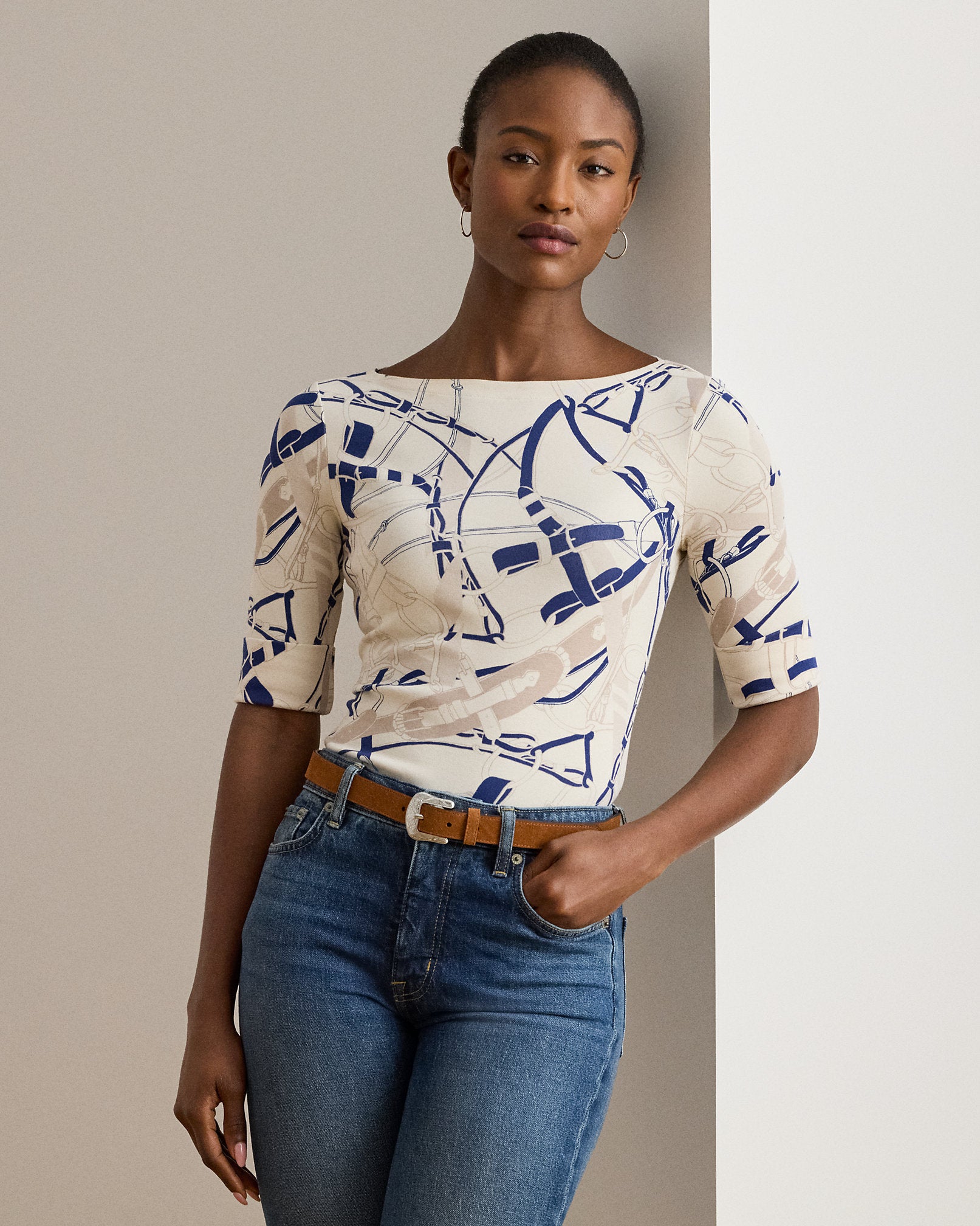 Ralph Lauren BeltingPrint Cotton Boatneck Tee