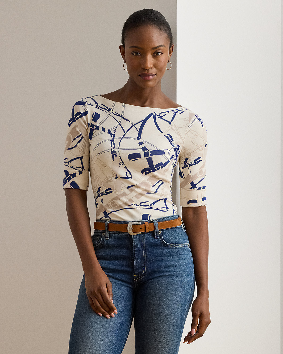 Ralph Lauren BeltingPrint Cotton Boatneck Tee