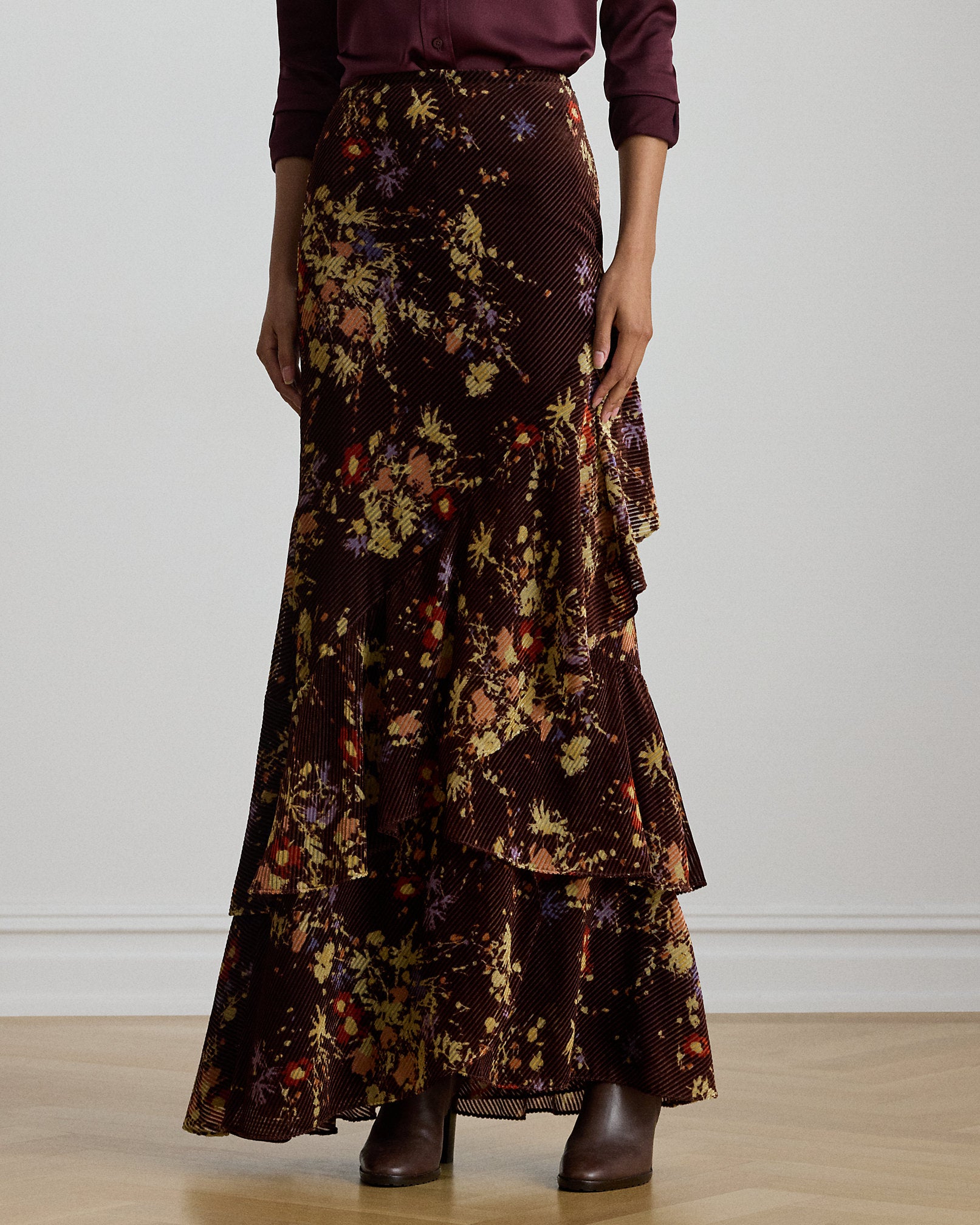 Ralph Lauren Floral Burnout Velvet Tiered Maxiskirt
