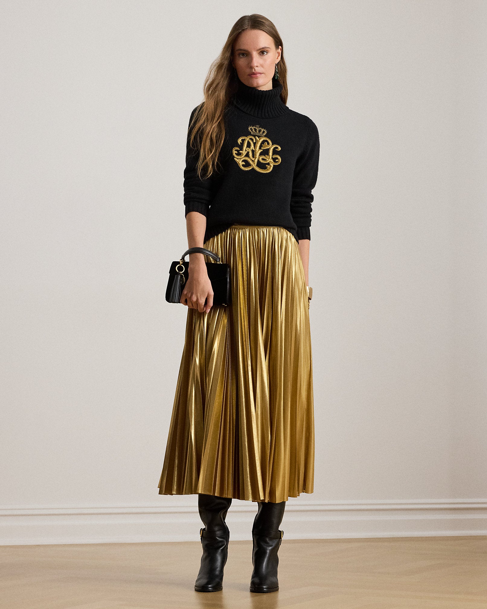 Ralph Lauren Pleated Metallic Chiffon Skirt
