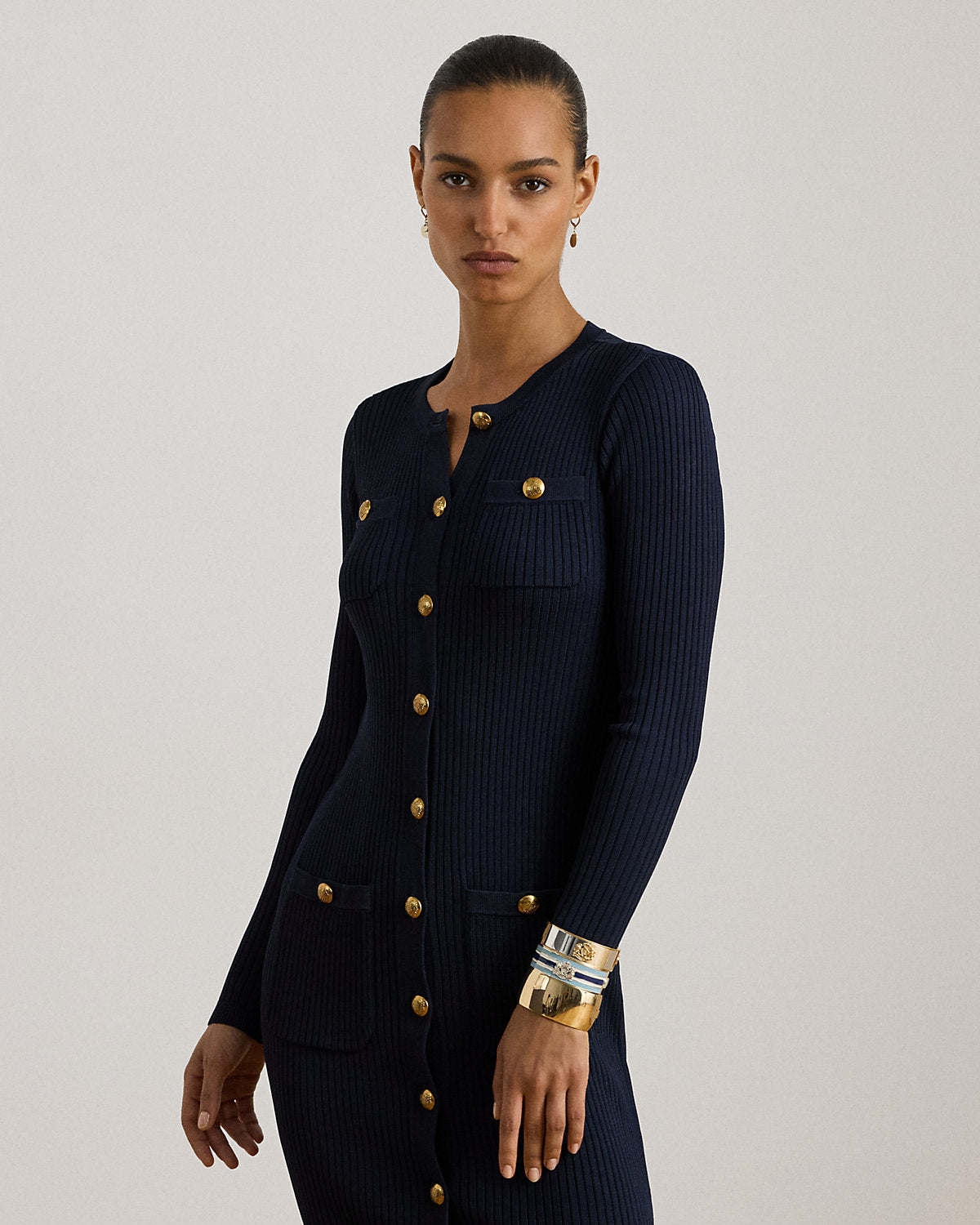 Ralph Lauren ButtonTrim RibKnit Sweater Dress
