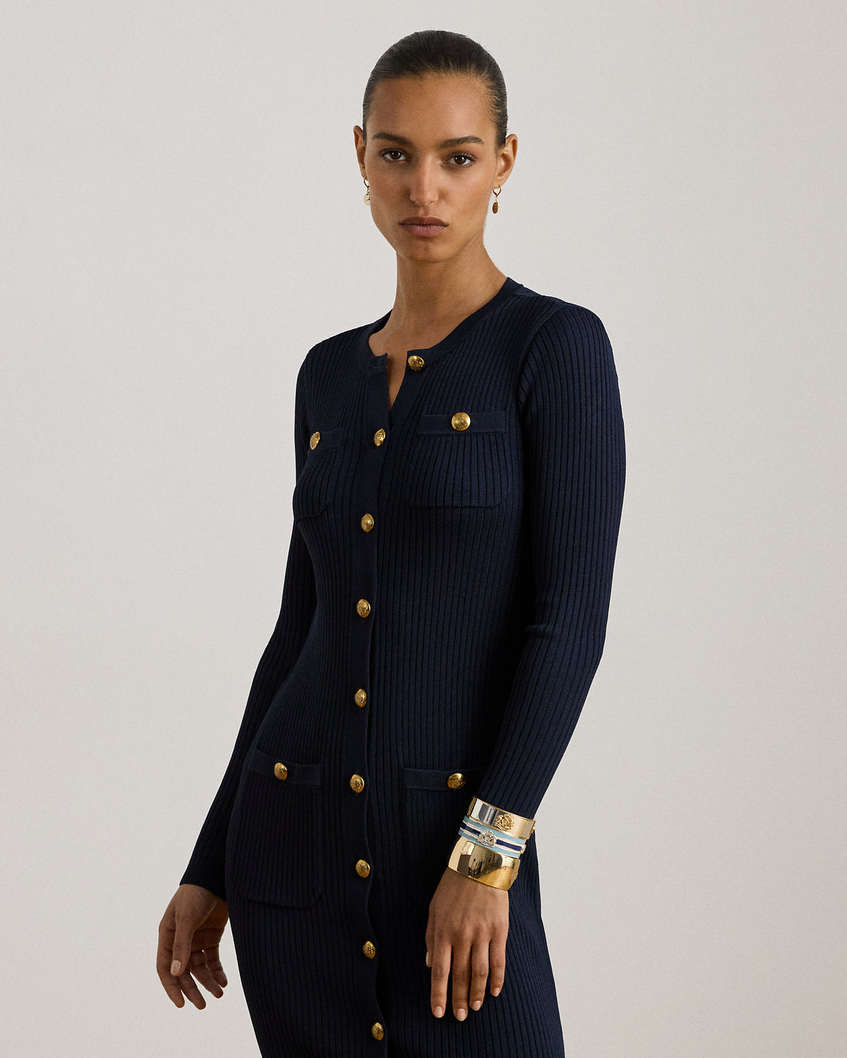 Ralph Lauren ButtonTrim RibKnit Sweater Dress