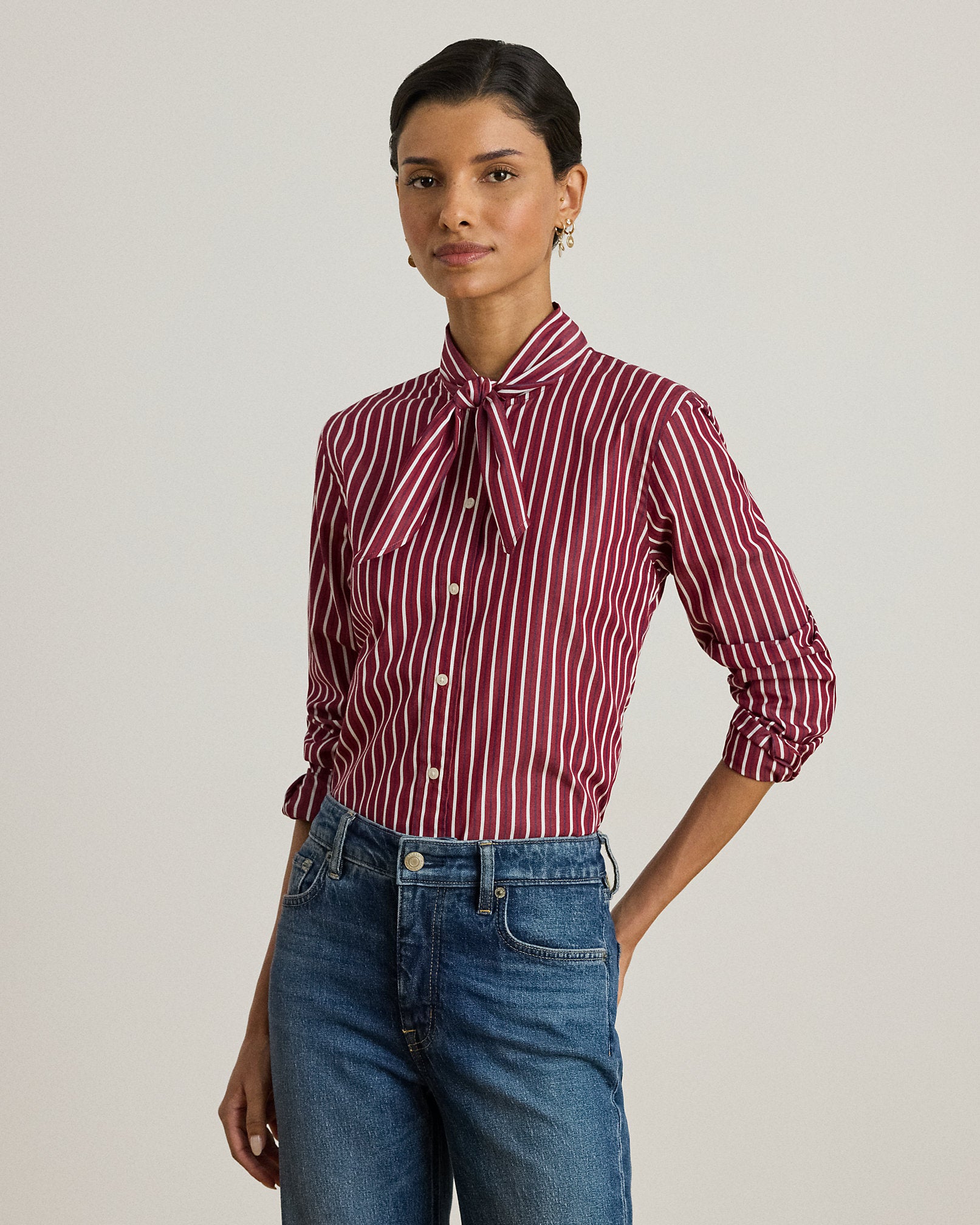 Ralph Lauren Striped Cotton Broadcloth TieNeck Shirt