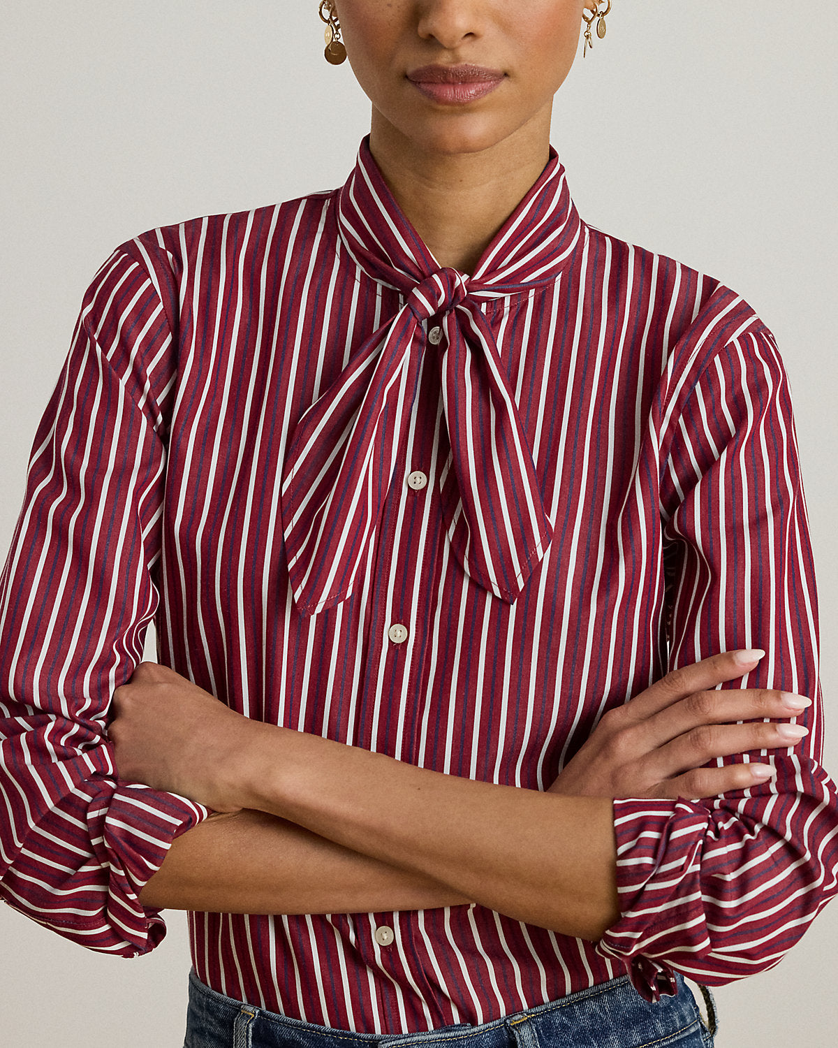 Ralph Lauren Striped Cotton Broadcloth TieNeck Shirt