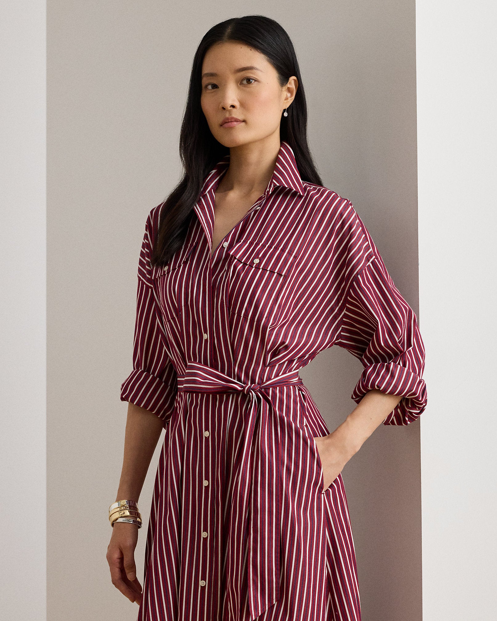 Ralph Lauren Striped Belted Broadcloth Shirtdress